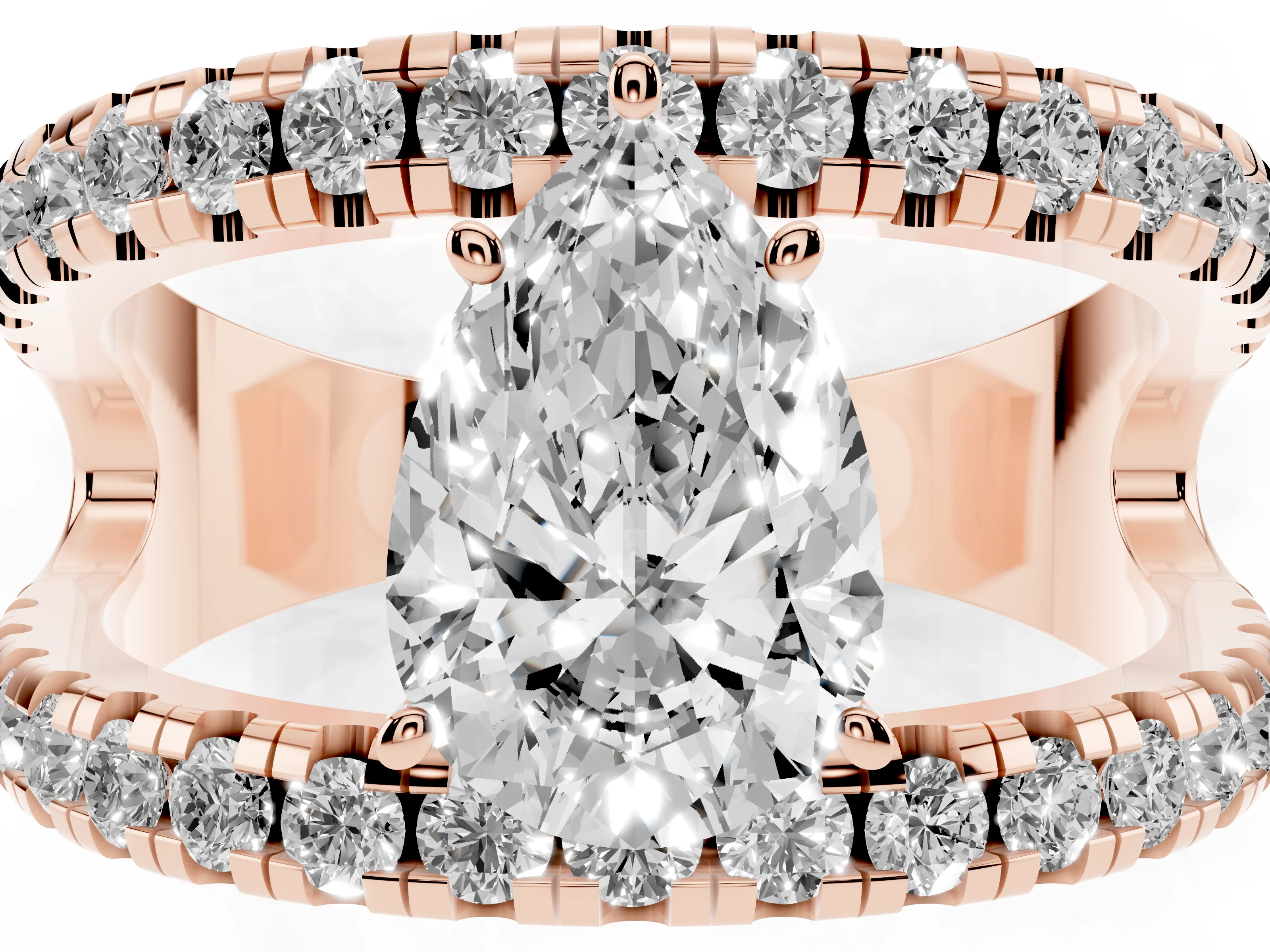 Pear Cut Diamond Split Shank Pavé Solitaire Ring Set in Rose gold with Open Shank Design