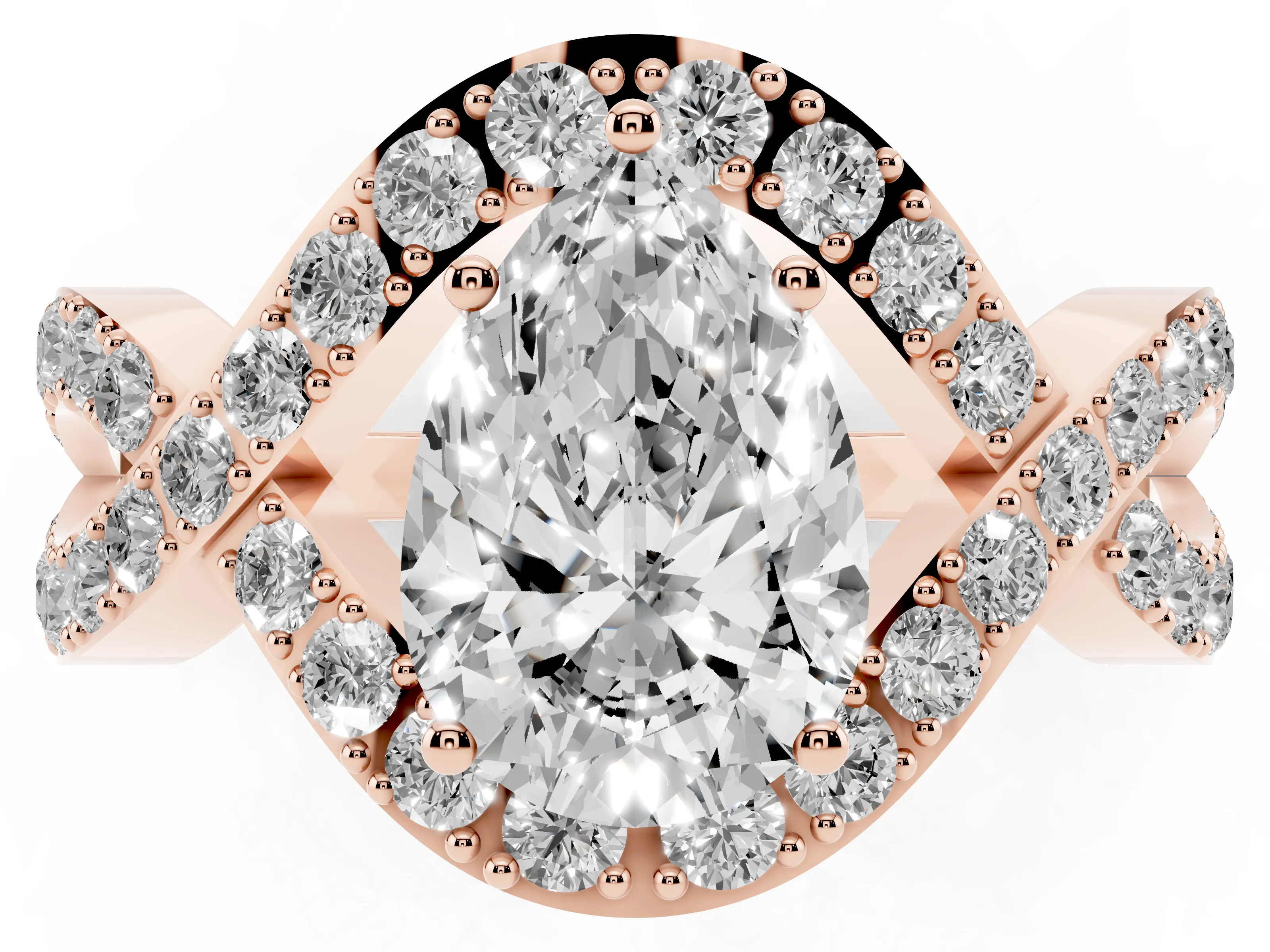 Pear Cut Diamond Solitaire Twist Band Pavé Engagement Ring Set in Rose gold