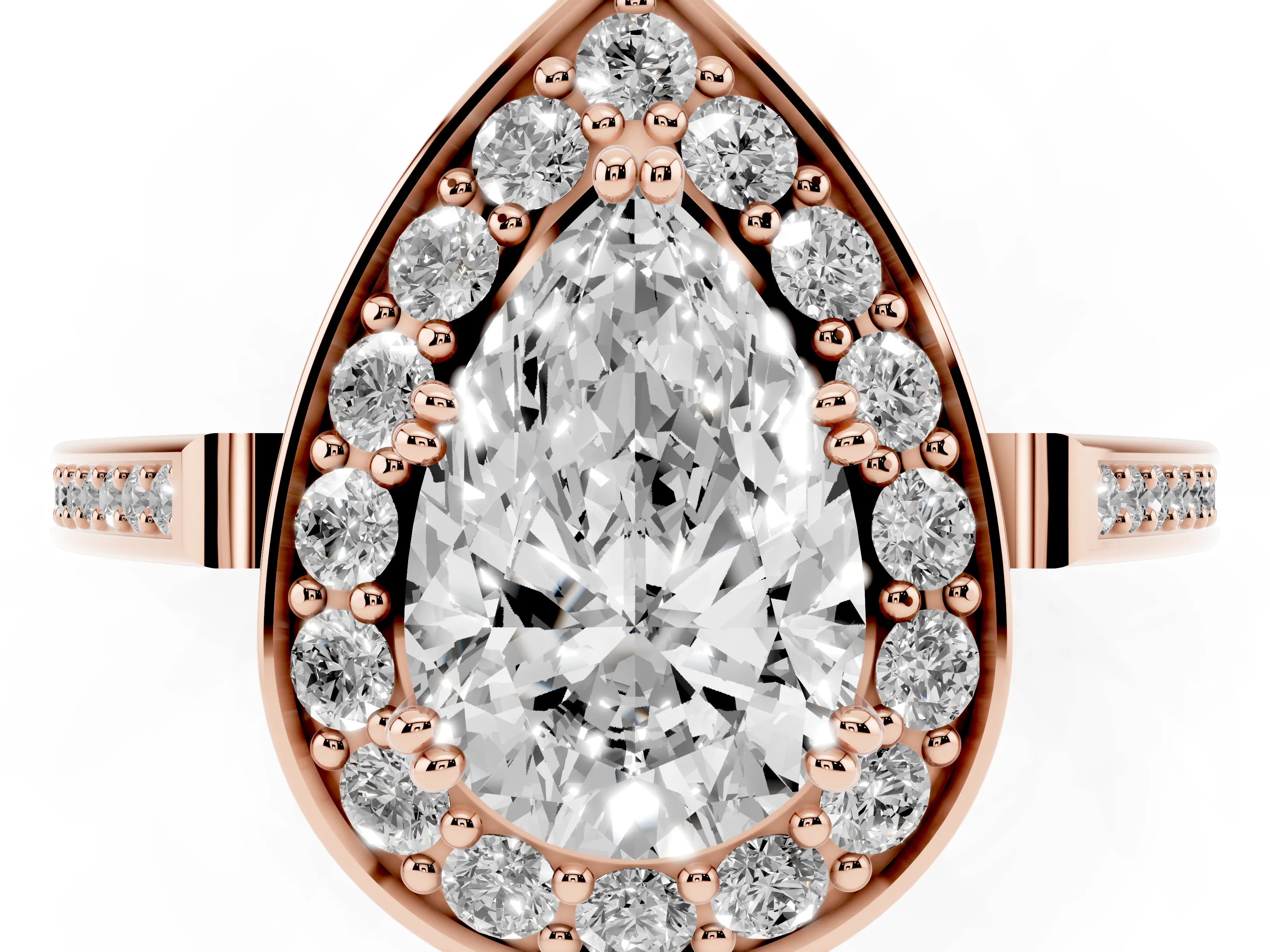 Pear Cut Diamond Halo Ring Set in Rose gold with Accent-Lined Split Shank and Prong Setting