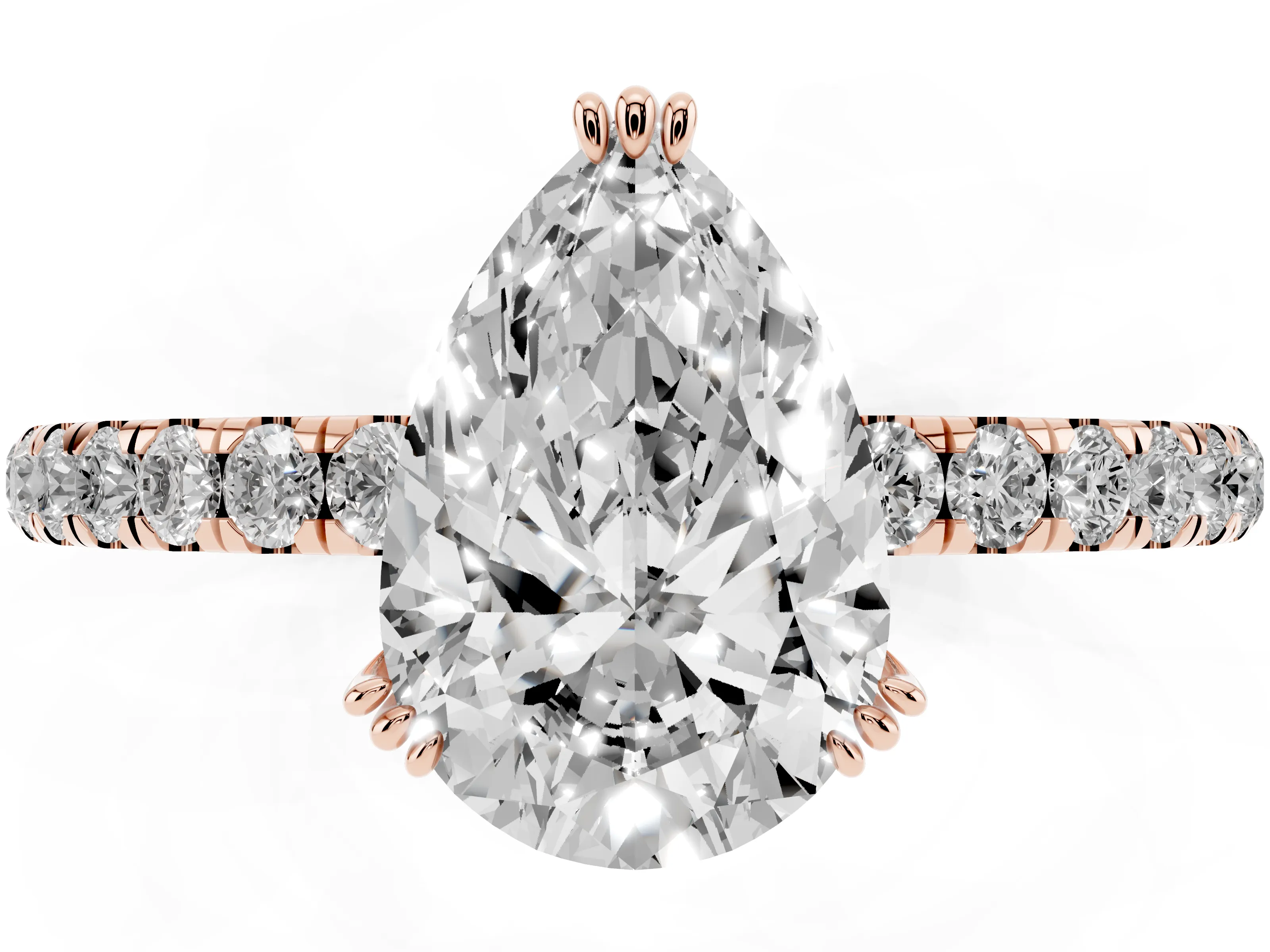 Pear Cut Diamond Brilliant Solitaire Set in Rose gold with Pavé Band and Claw Prong Setting