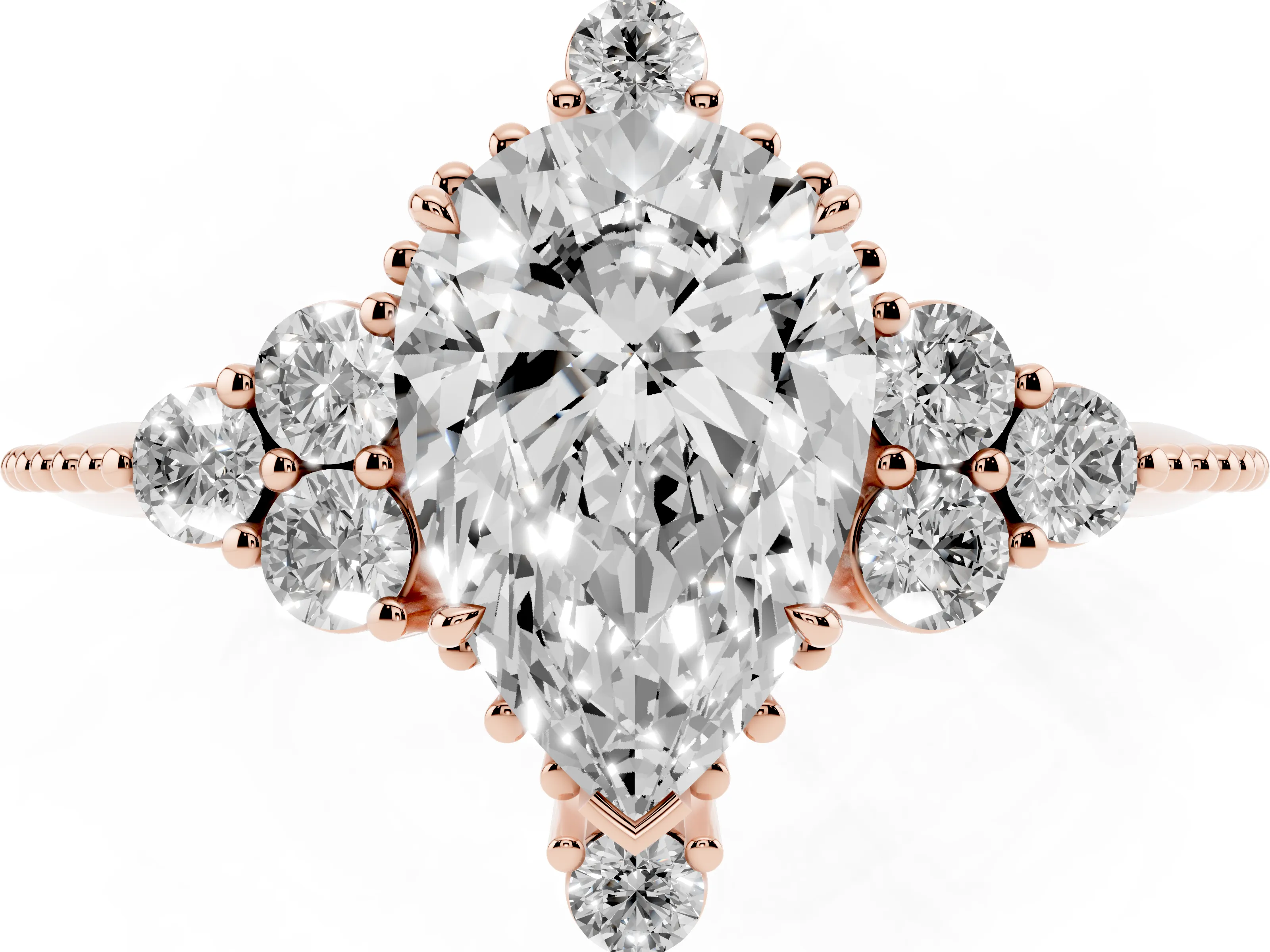 Pear Cut Diamond Cluster Ring Set in Rose gold with Beaded Band
