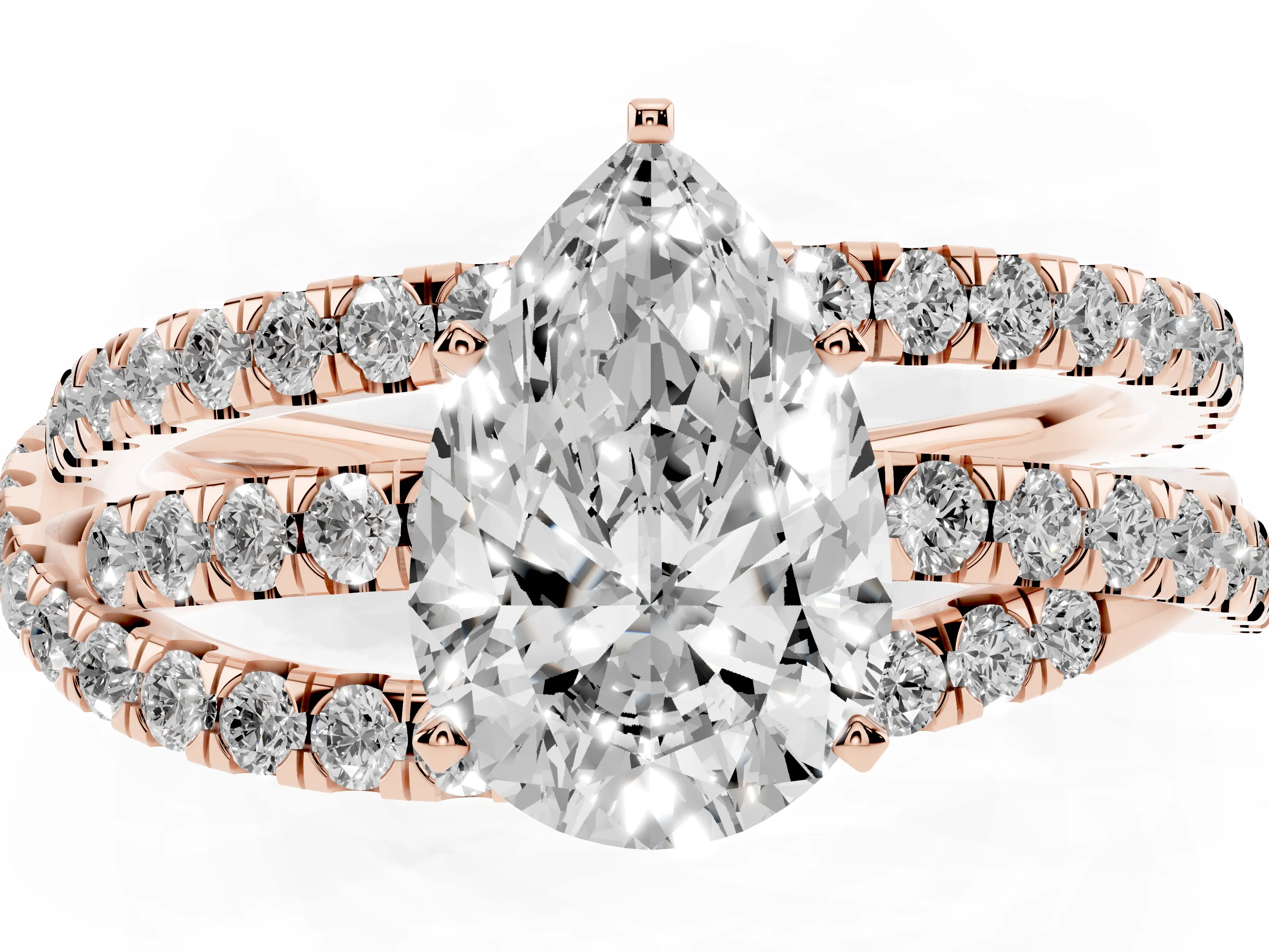 Pear Cut Diamond Solitaire Twist Band Ring Set in Rose gold with Pavé Setting and Prong Head