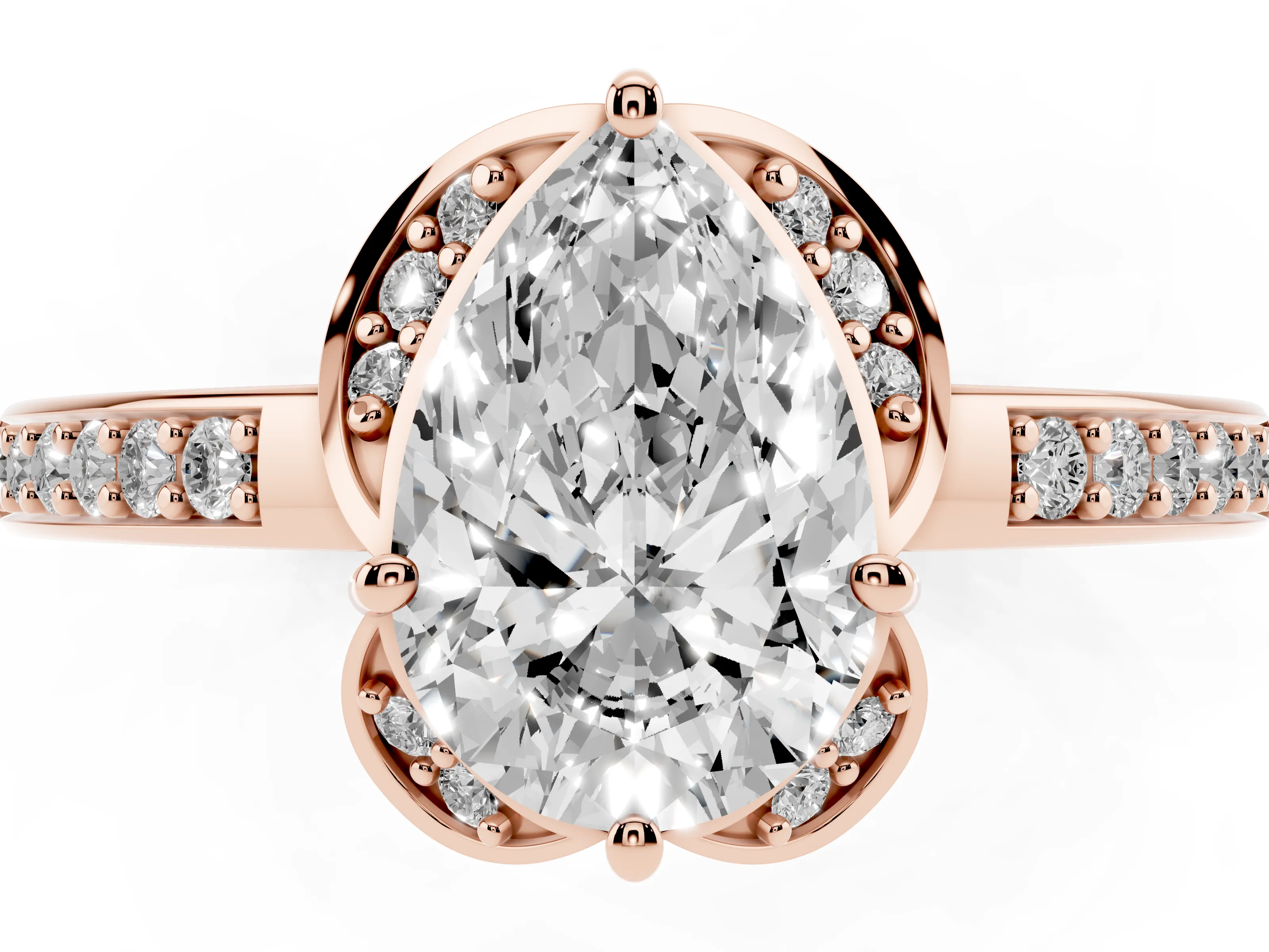 Pear Cut Diamond Halo Ring Set in Rose gold with Channel Set Band and Prong Setting