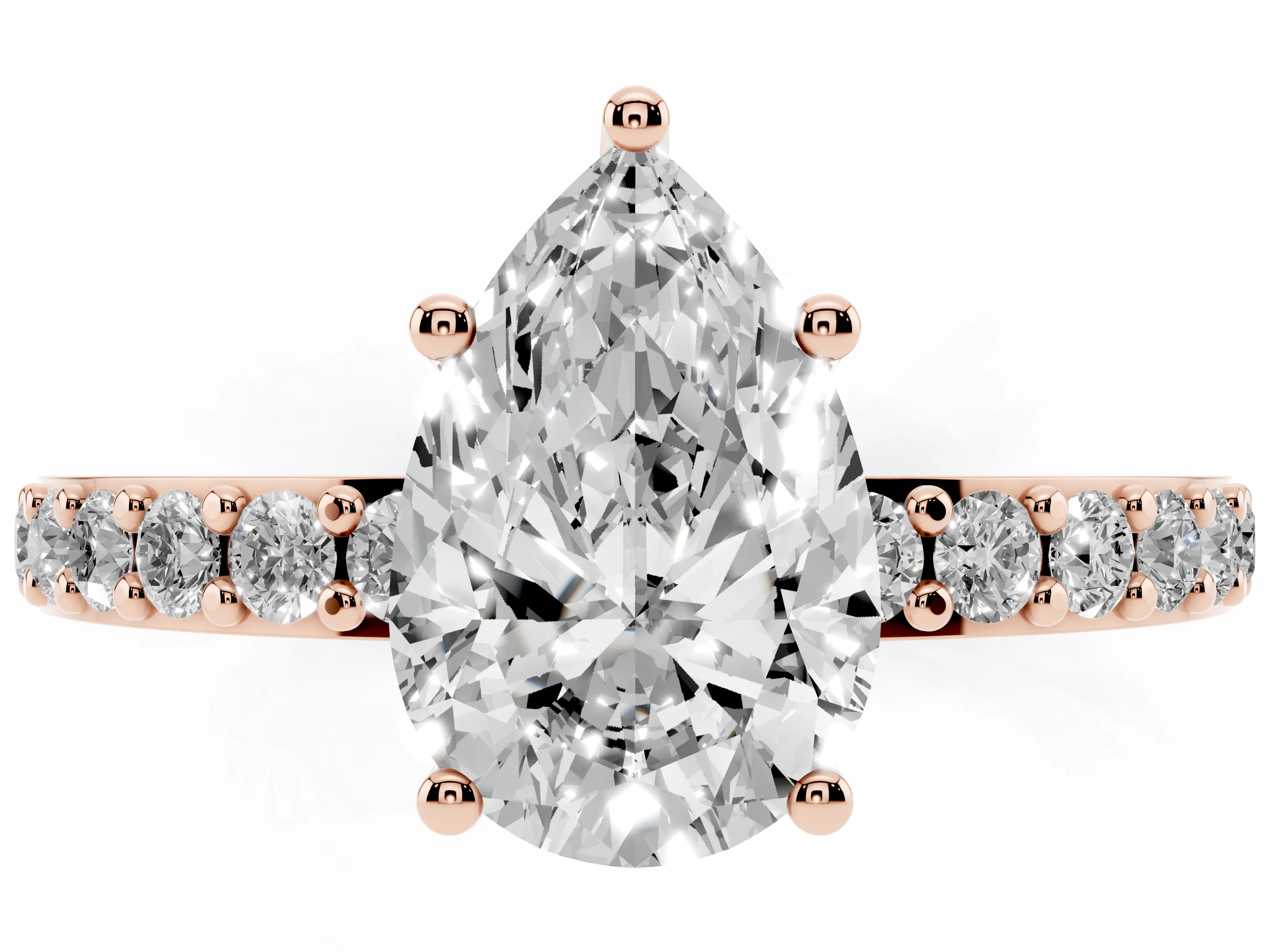 Pear Cut Diamond Solitaire Set in Rose gold with Round Pavé Band and Prong Setting