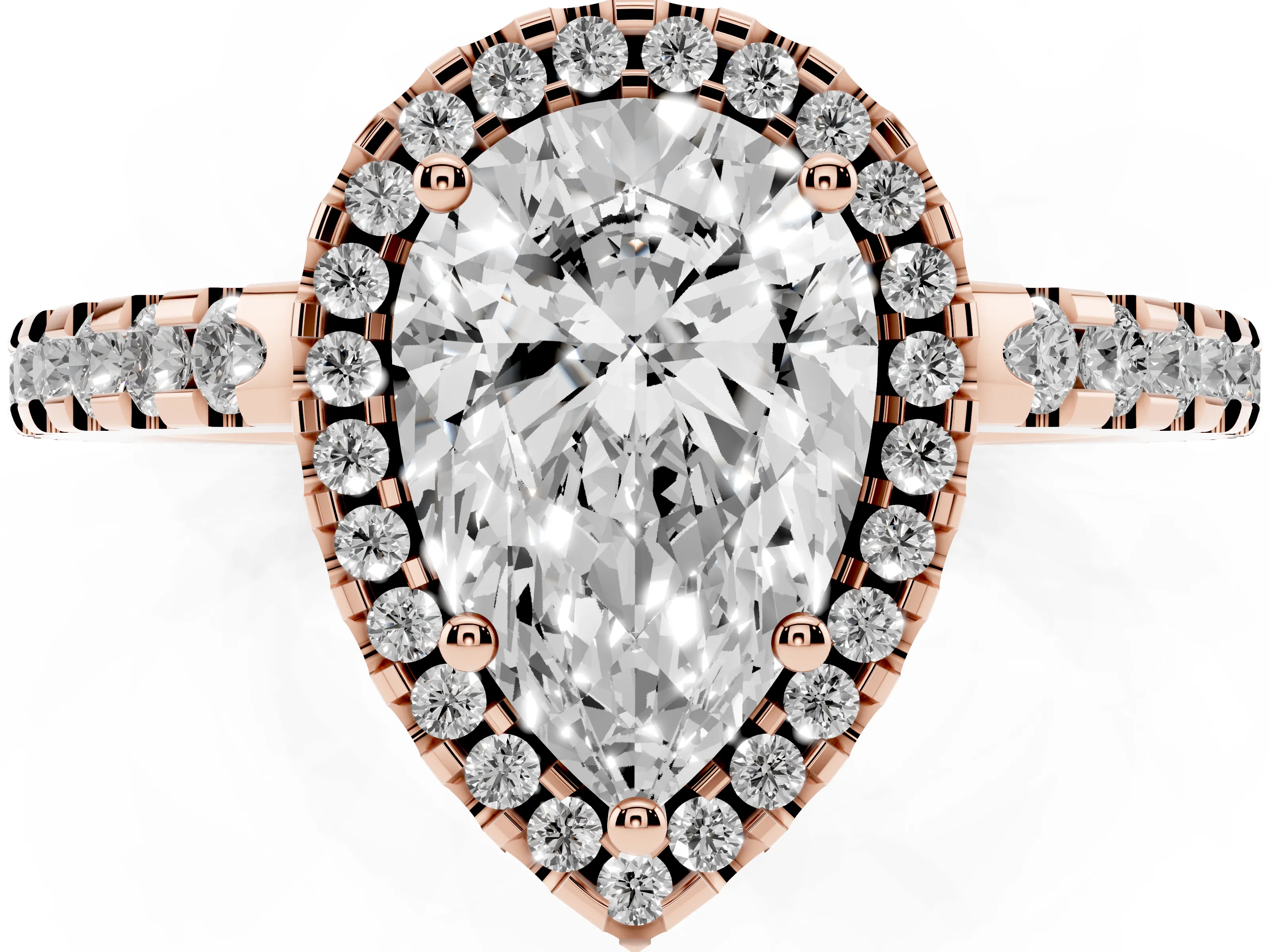 Pear Cut Diamond Halo Ring Set in Rose gold with Pavé Shoulders and Halo-Framed Center