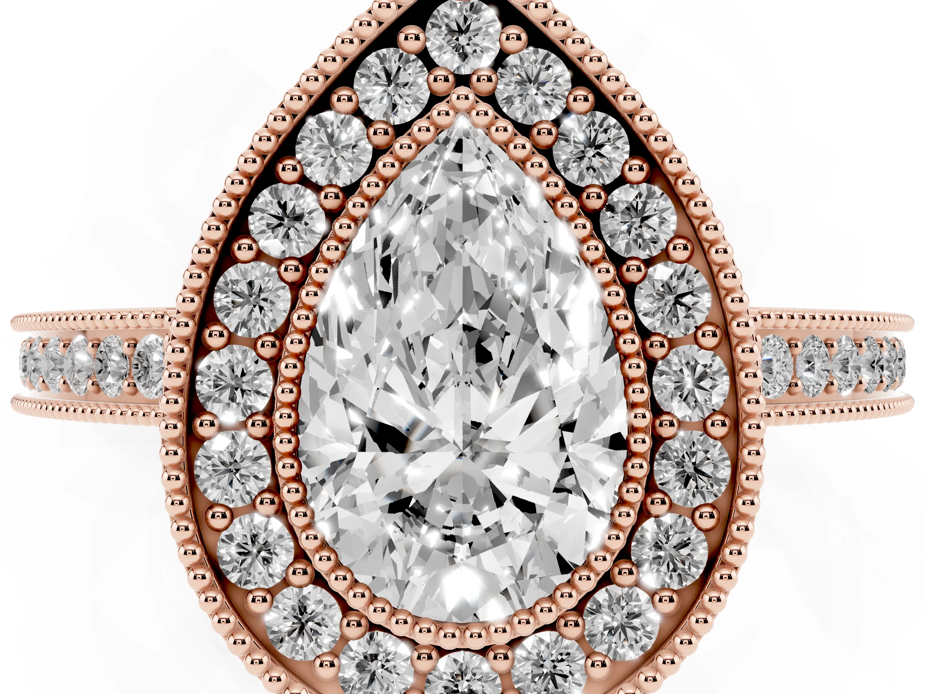 Pear Cut Diamond Halo Ring Set in Rose gold with Pavé Band and Milgrain-Edged Prongs