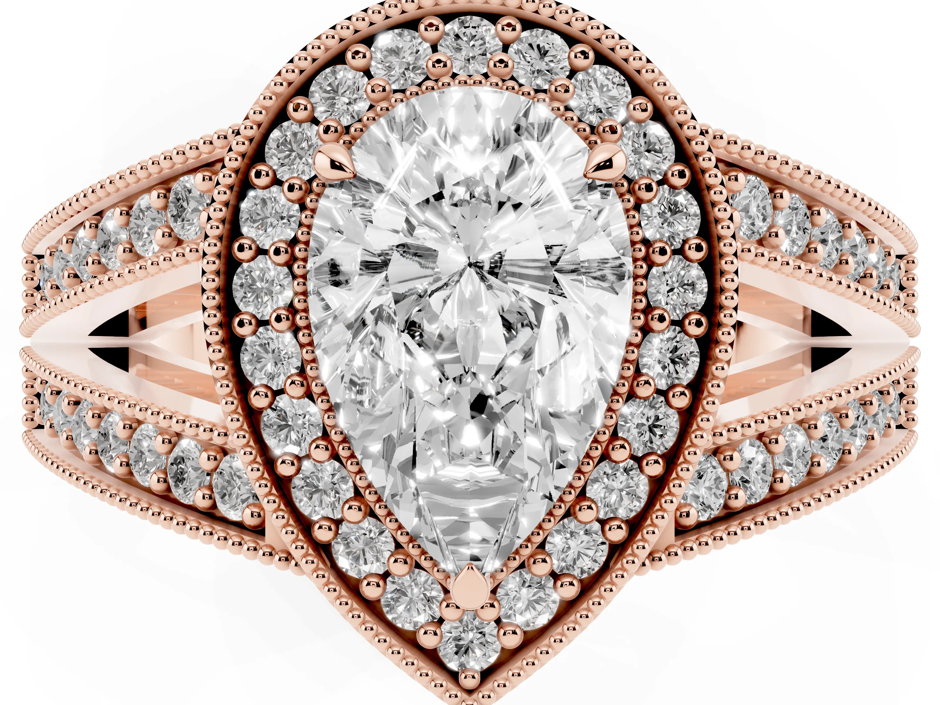 Pear Cut Diamond Halo Ring Set in Rose gold with Stone-Set Split Shank and Milgrain Edges