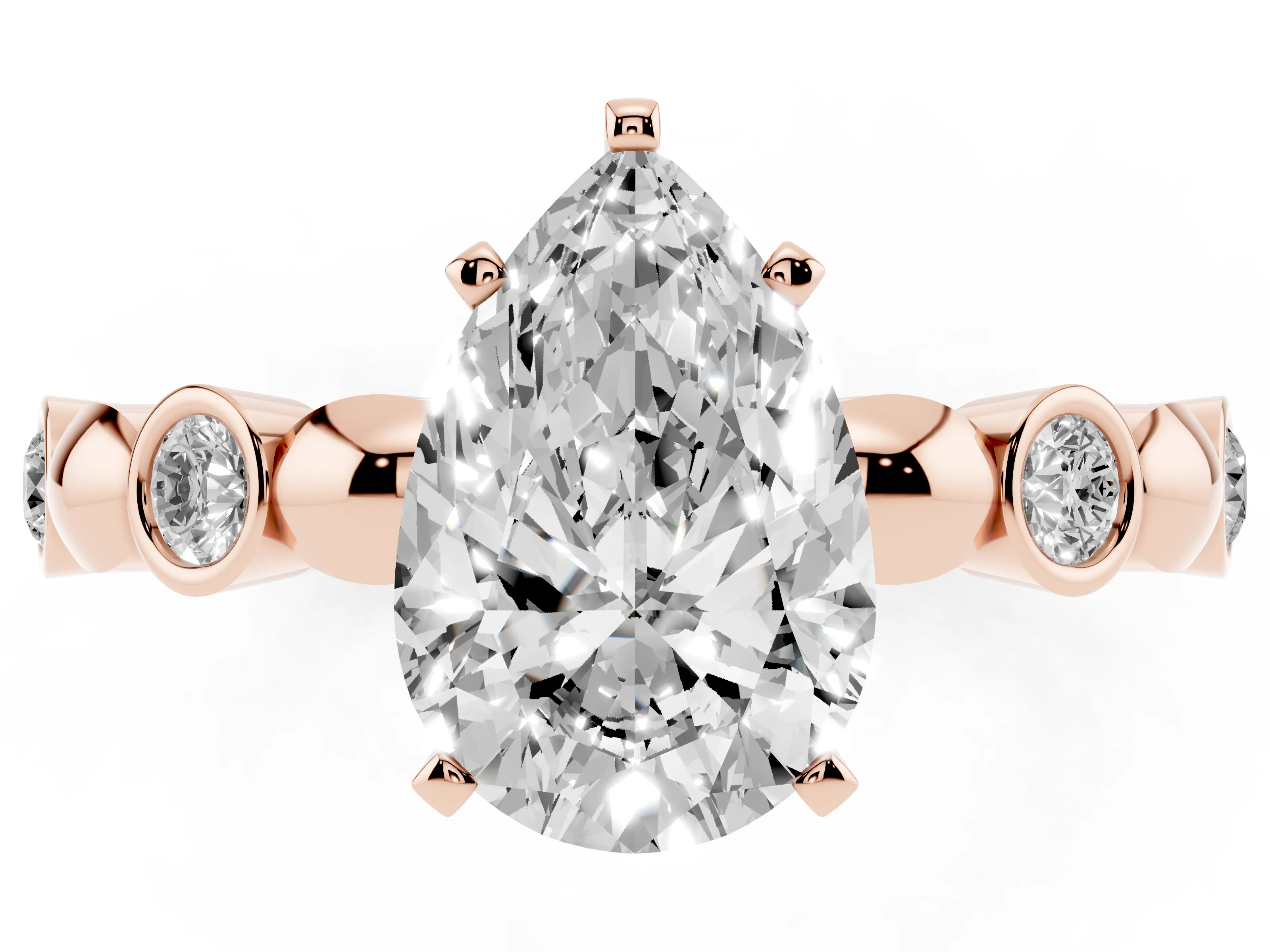 Pear Cut Diamond Solitaire Ring Set in Rose gold with Bezel-Set Accents on Beaded Band and Prong Setting