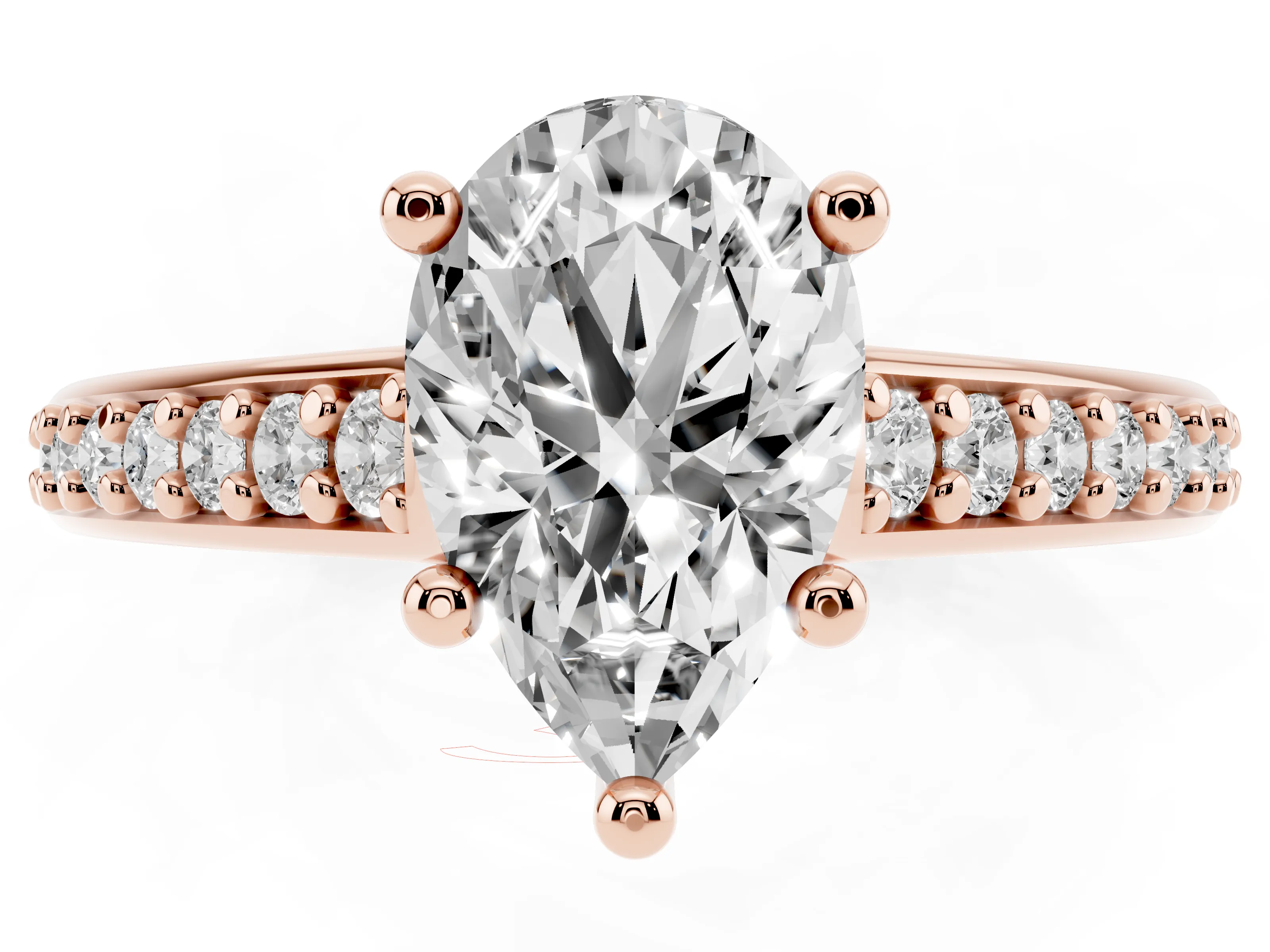 Pear Cut Diamond Prong Set Solitaire Engagement Ring Set in Rose gold with Pavé Band