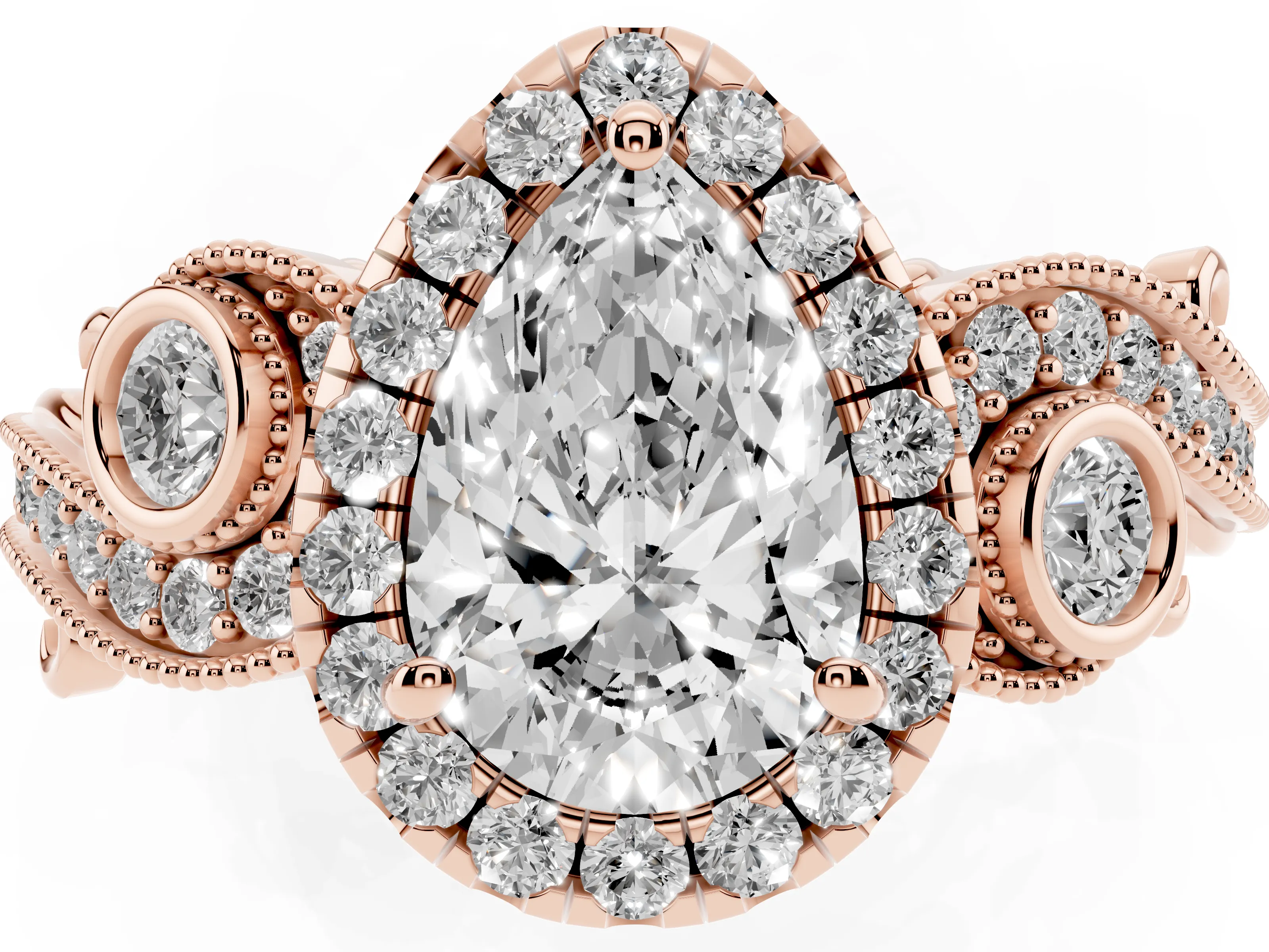 Pear Cut Diamond Halo Ring Set in Rose gold with Milgrain Pavé Band and Prong Setting