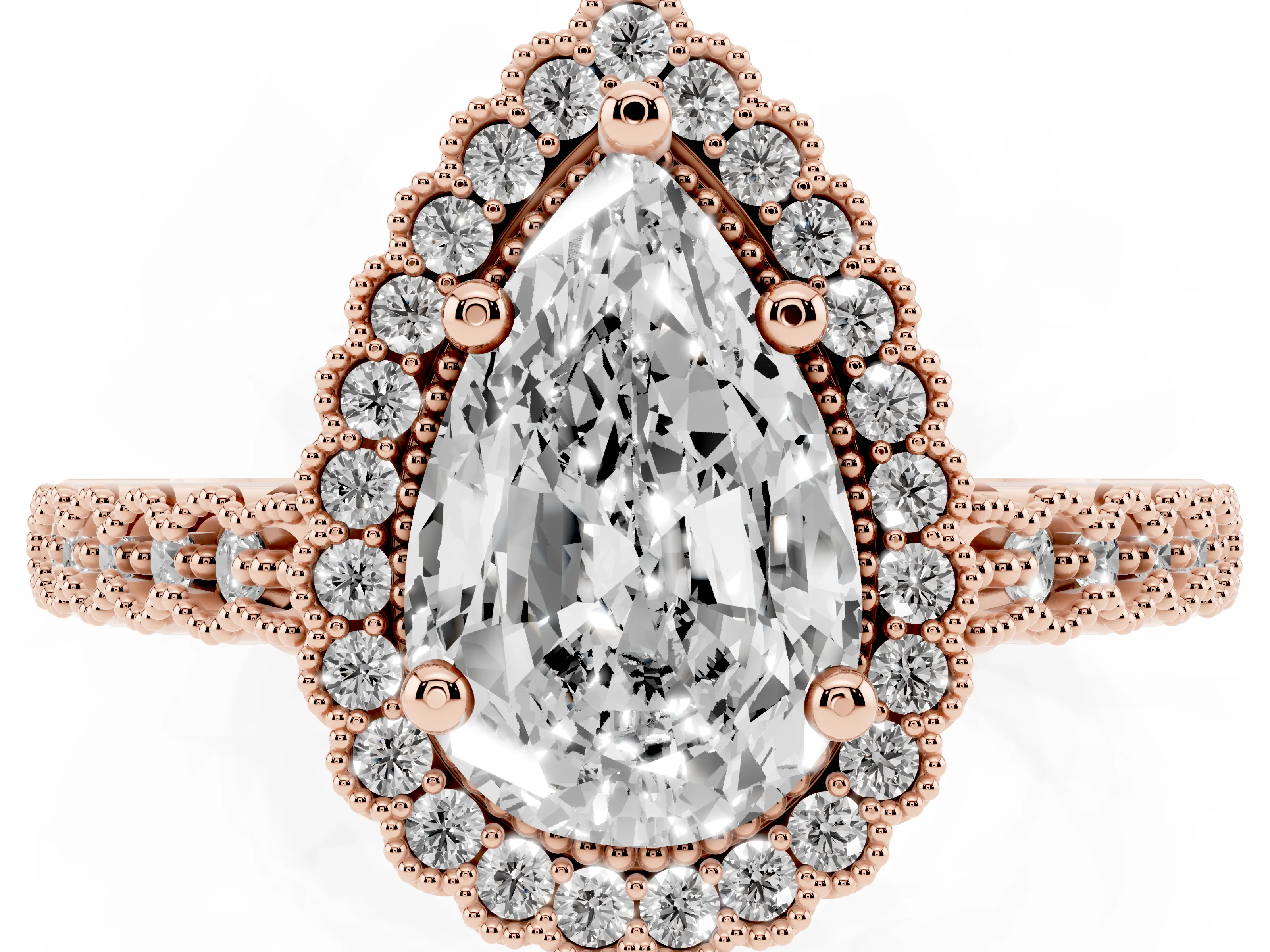 Pear Cut Diamond Halo Ring Set in Rose gold with Pavé Milgrain Band