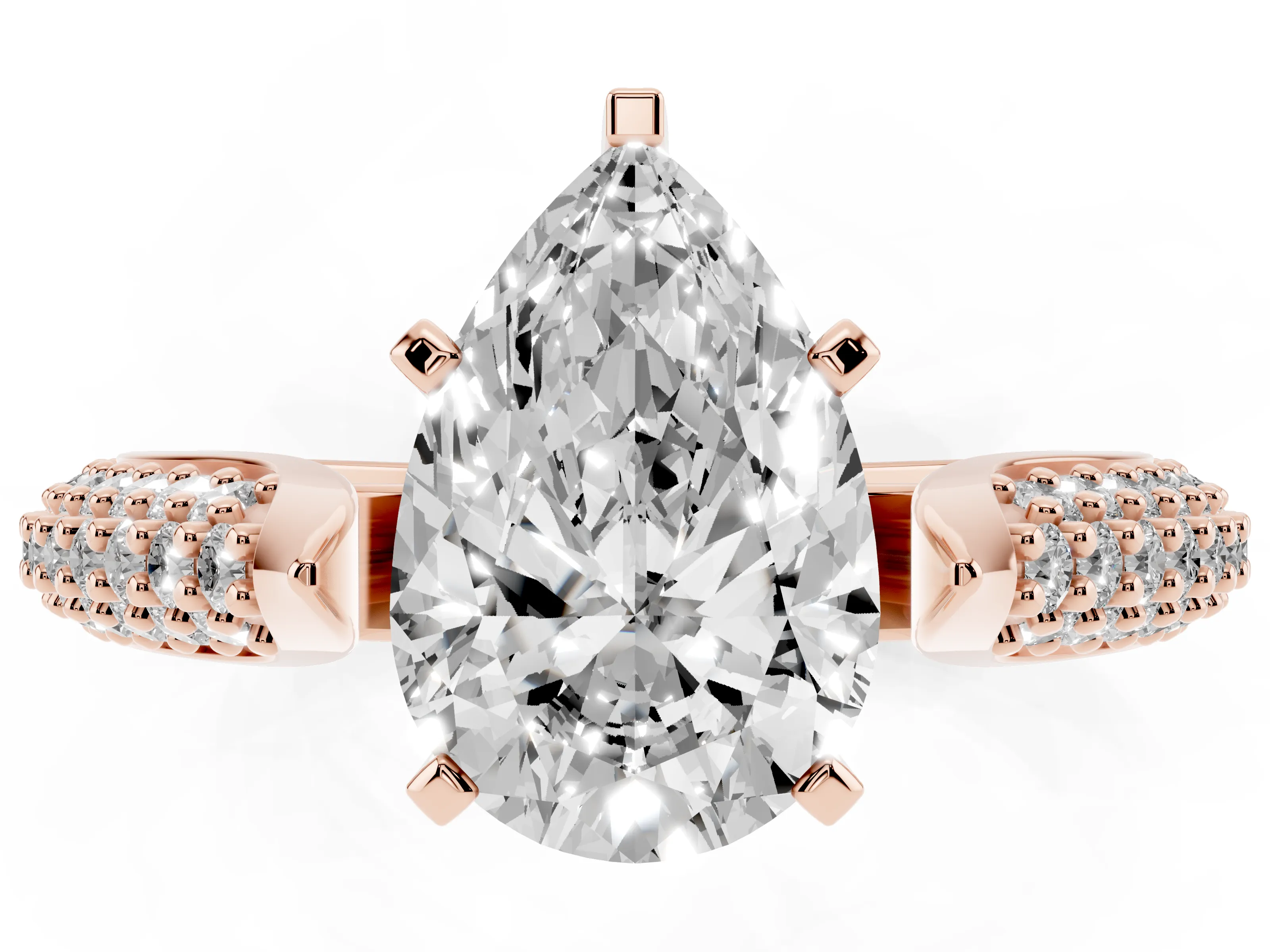 Pear Cut Diamond Solitaire Engagement Ring Set in Rose gold with Multi-Row Round Pavé Band and Prong Setting