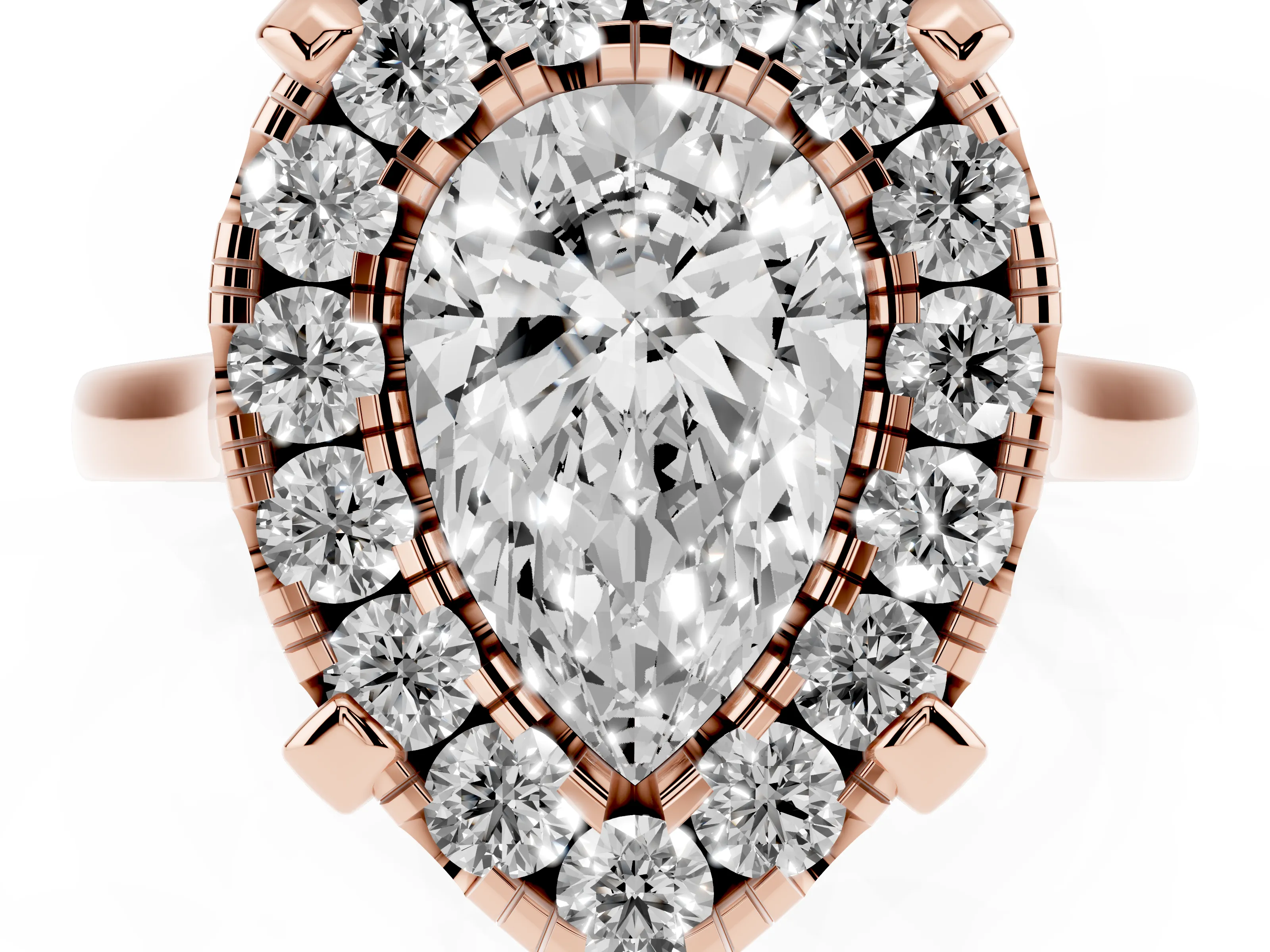 Pear Cut Diamond Cluster Halo Solitaire Ring Set in Rose gold with Prong Setting