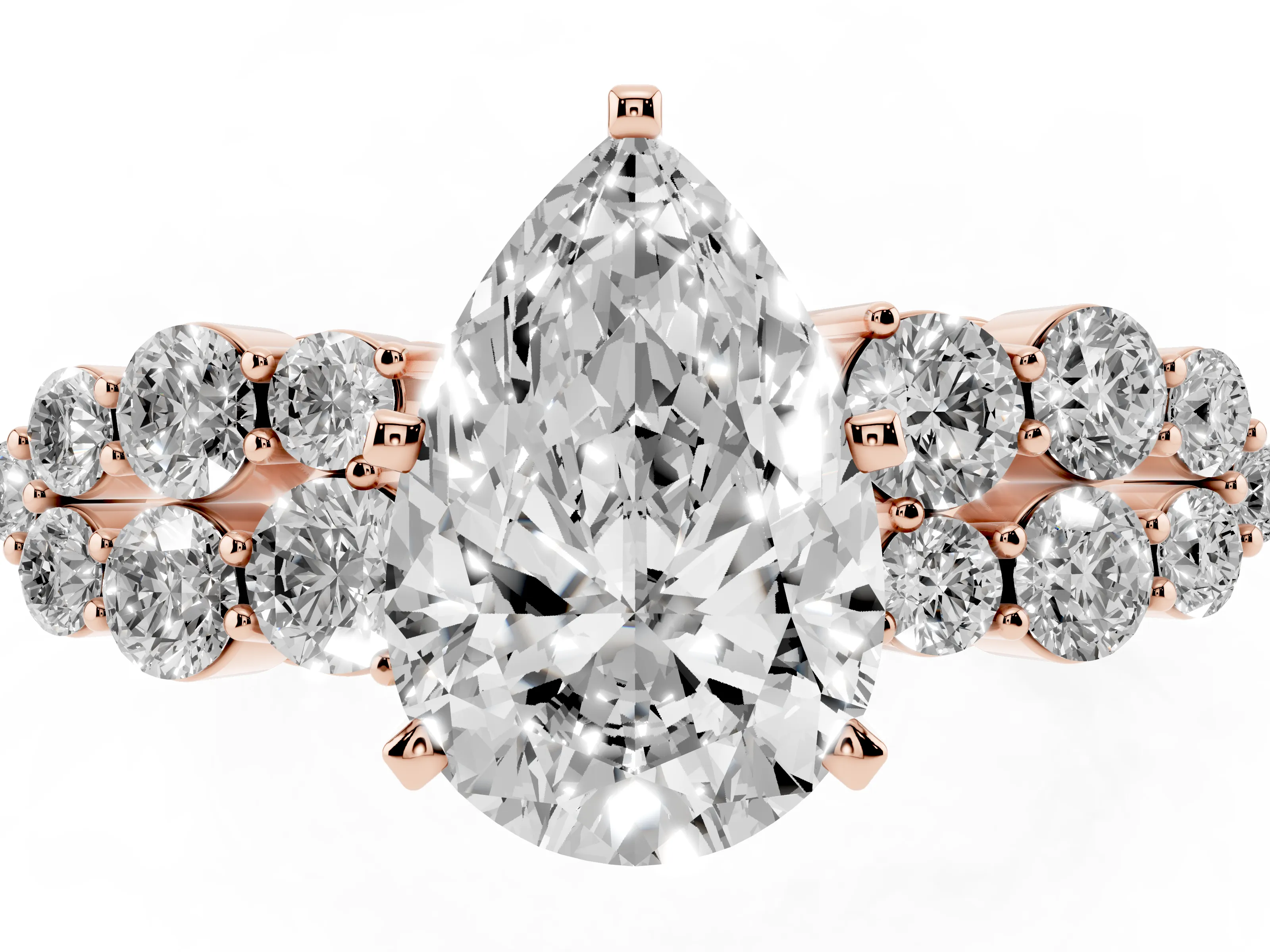 Pear Cut Diamond Cluster Engagement Ring Set in Rose gold with Pavé Band and Prong Setting