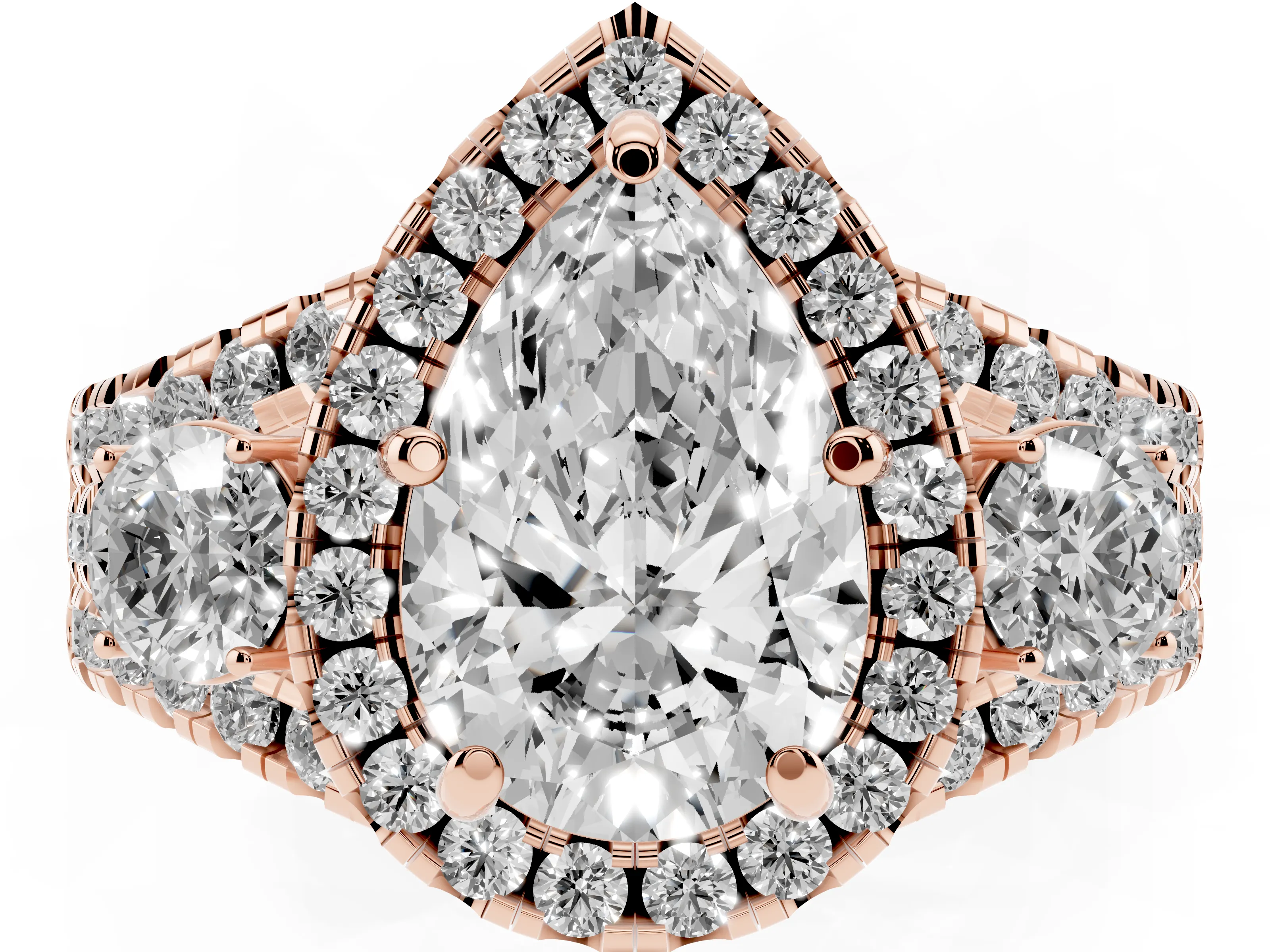 Pear Cut Diamond Halo Split Shank Ring Set in Rose gold with Round Accent Stones and Prong Setting