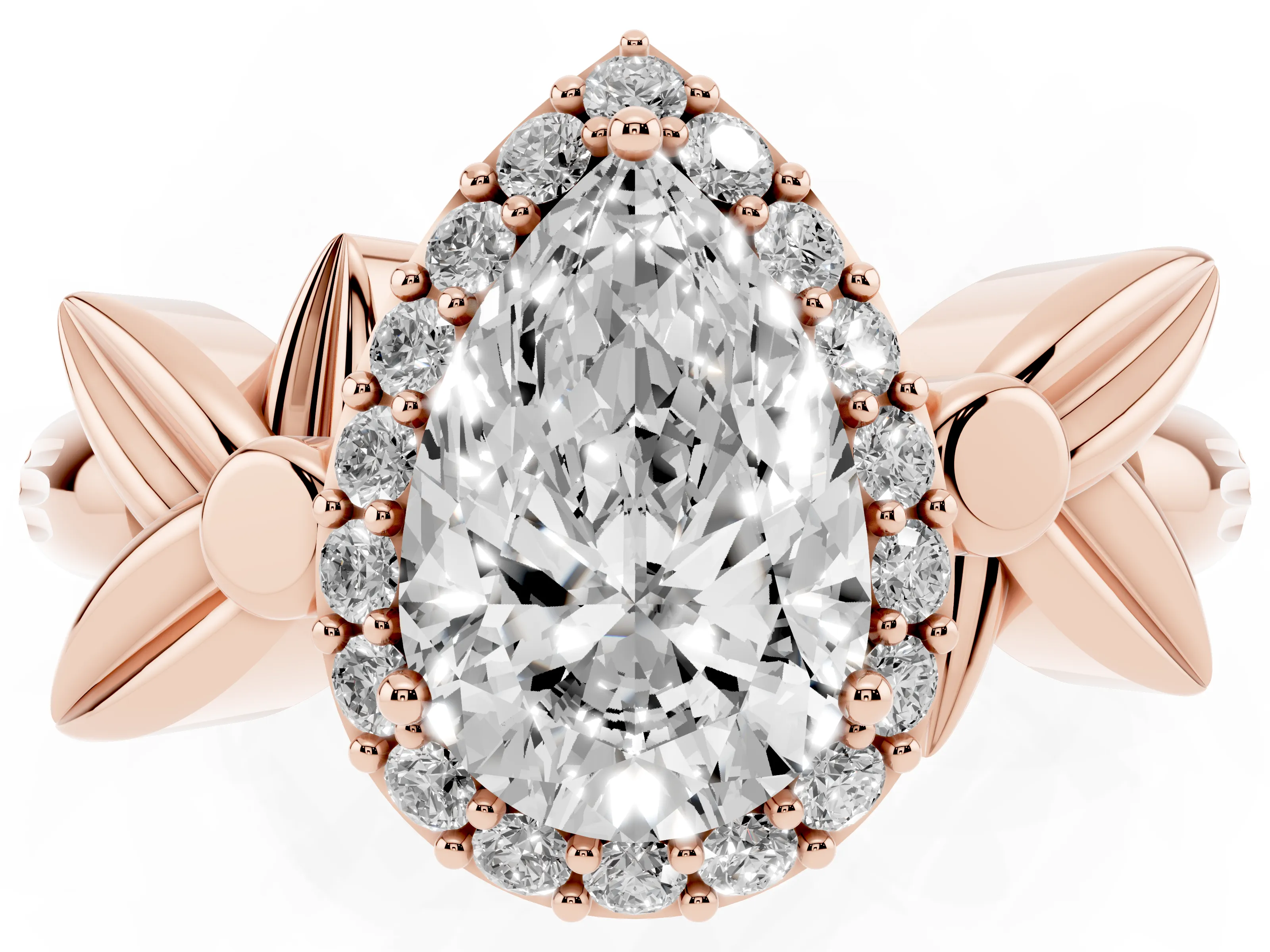 Pear Cut Diamond Halo Floral Band Ring Set in Rose gold with Prong Setting