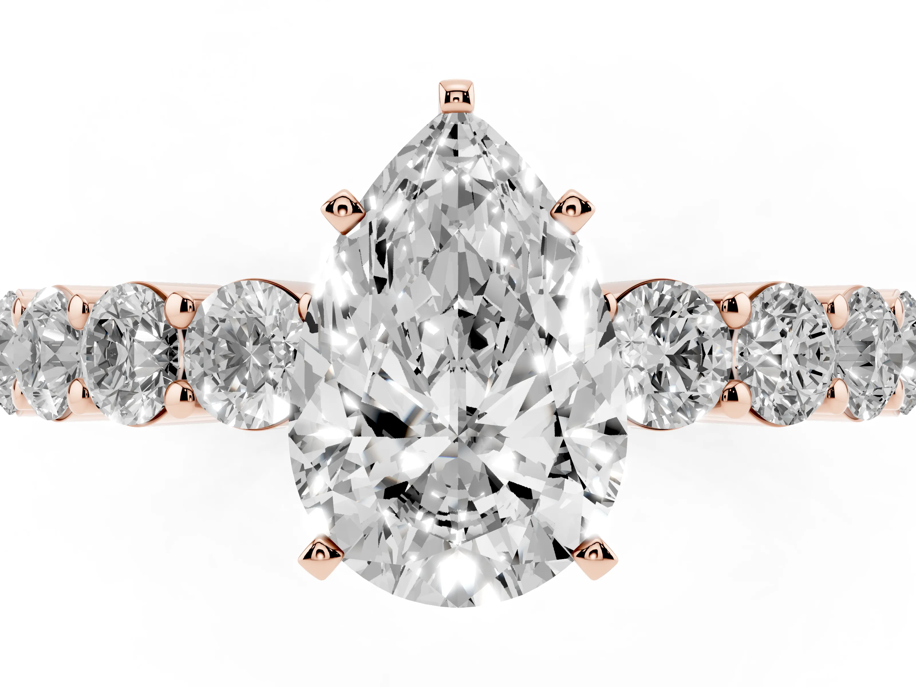 Pear Cut Diamond Solitaire Ring Set in Rose gold with Shared Prong Round Side Stones