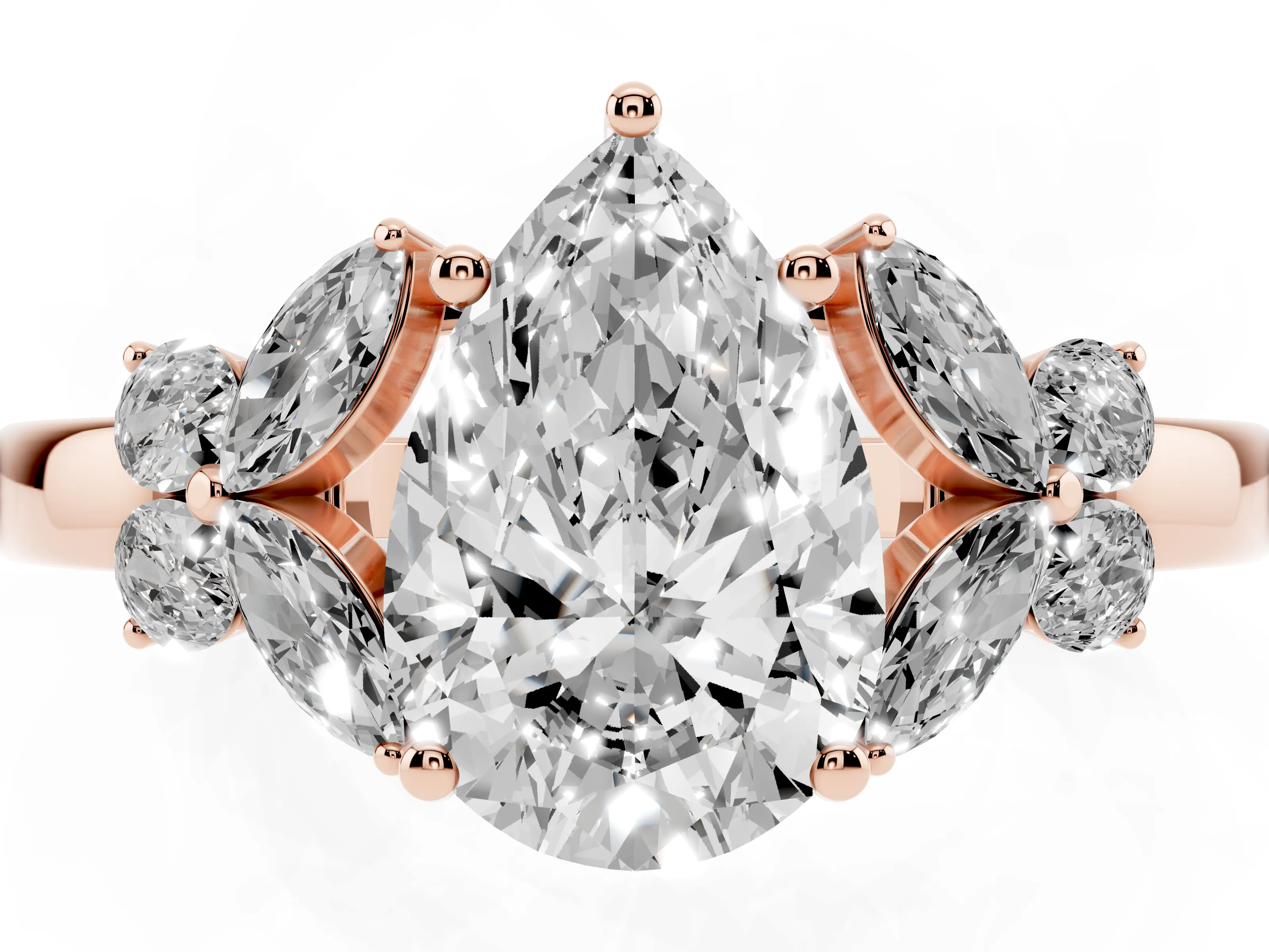 Pear Cut Diamond Solitaire Floral Ring Set in Rose gold with Marquise Petals and Prong Setting