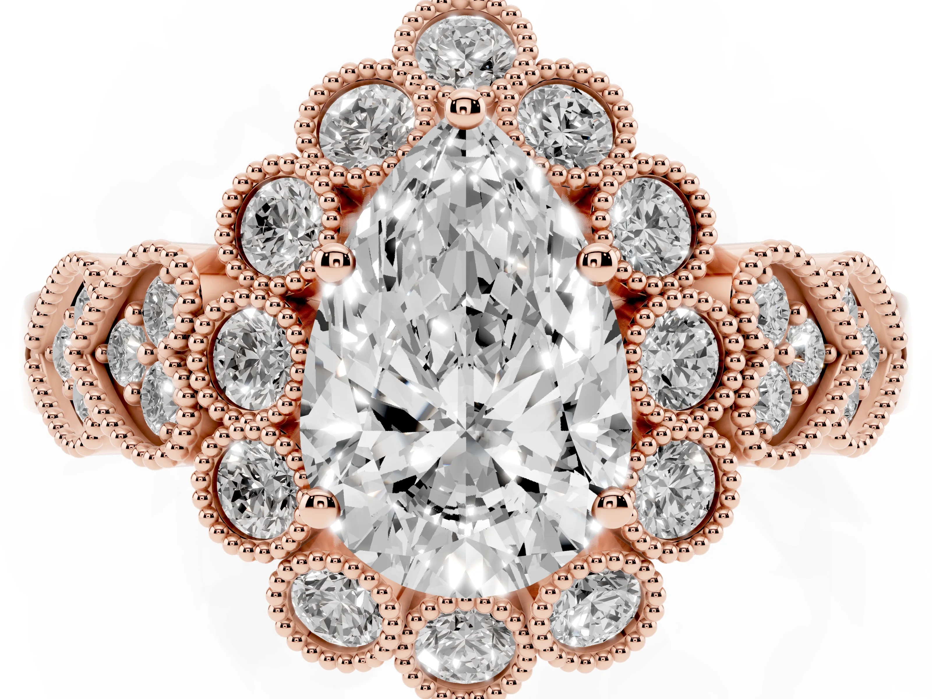 Pear Cut Diamond Solitaire Ring Set in Rose gold with Milgrain Pavé Heart Band