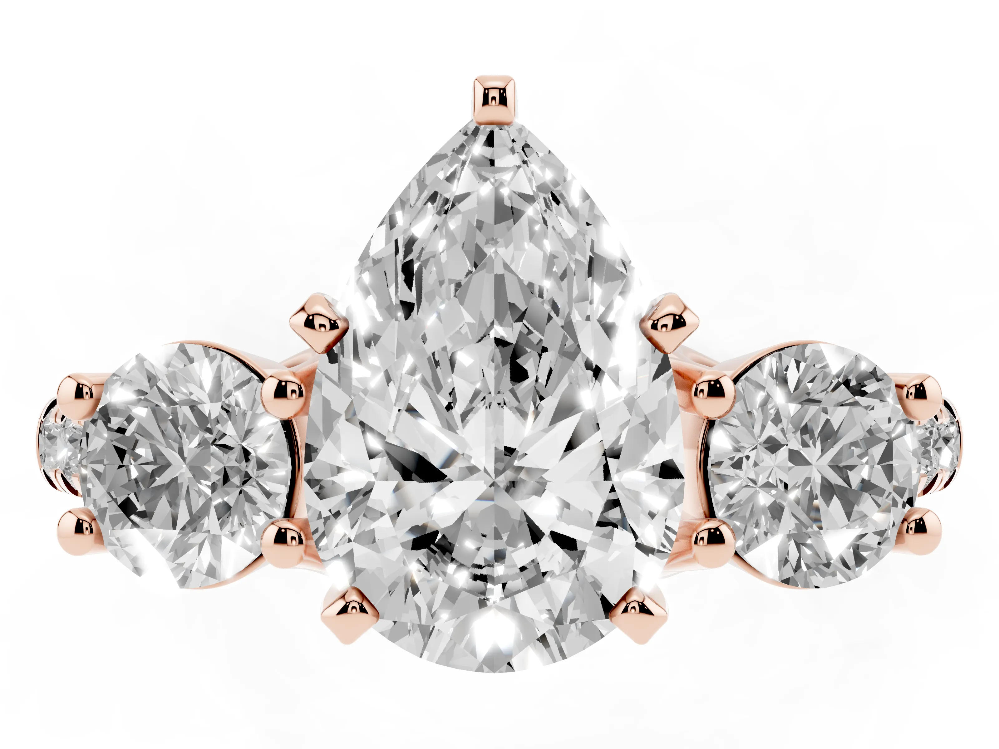 Three-Stone Pear Cut Diamond Pavé Band Ring Set in Rose gold with Prong-Set Trio