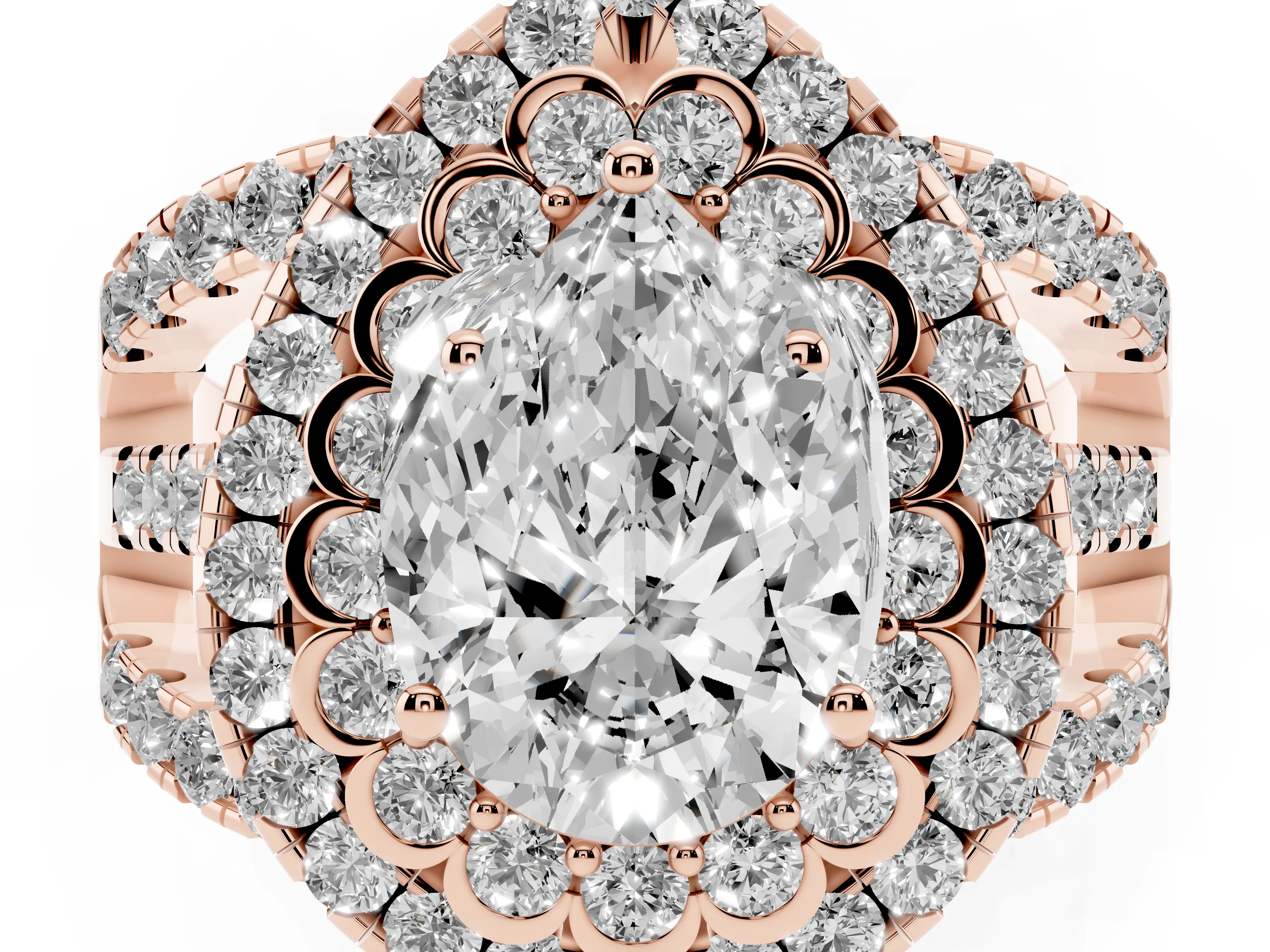Pear Cut Diamond Double Halo Ring Set in Rose gold with Round Pavé Split Shank