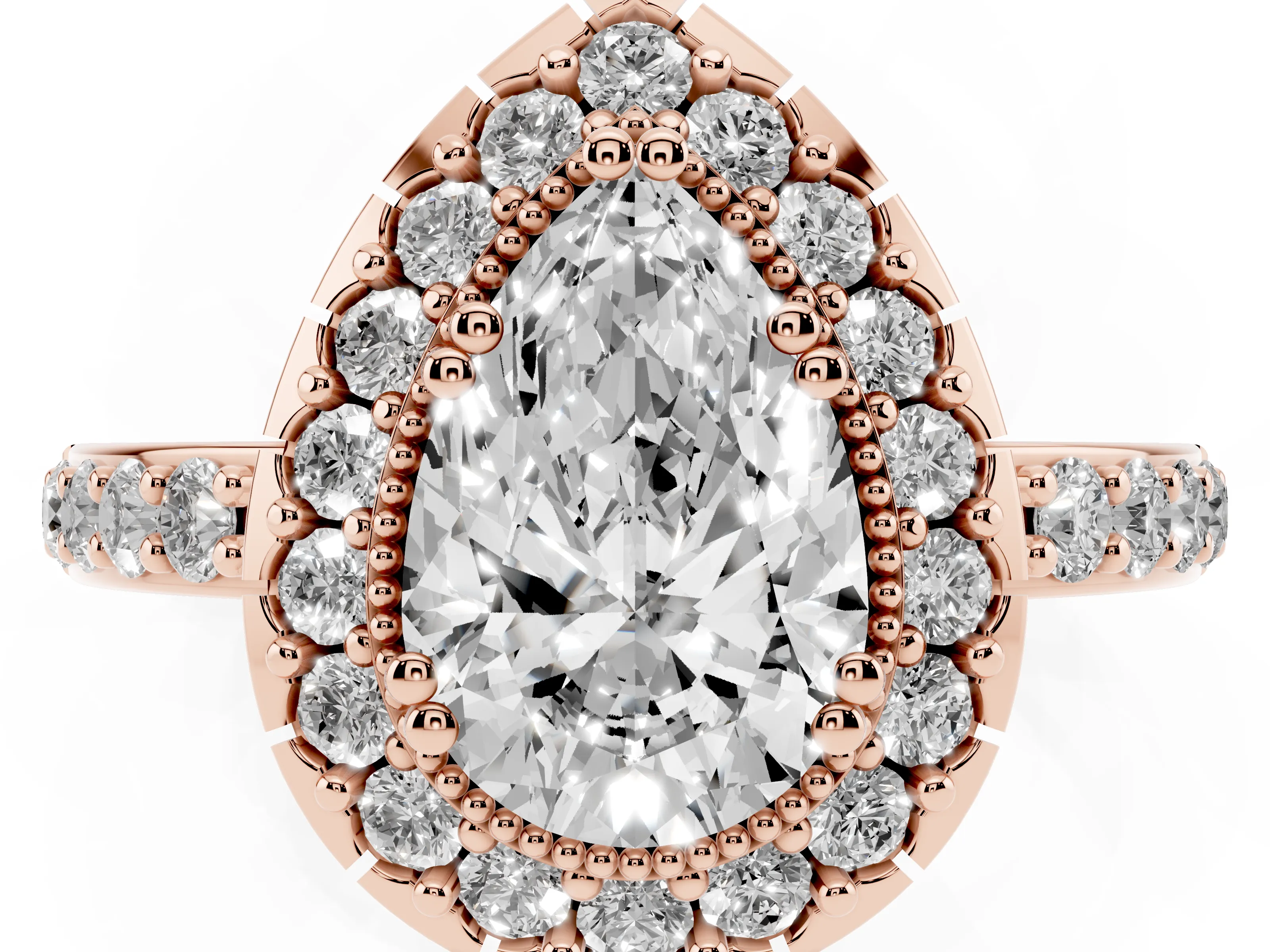 Pear Cut Diamond Halo Ring Set in Rose gold with Pavé Shank and Prong Setting