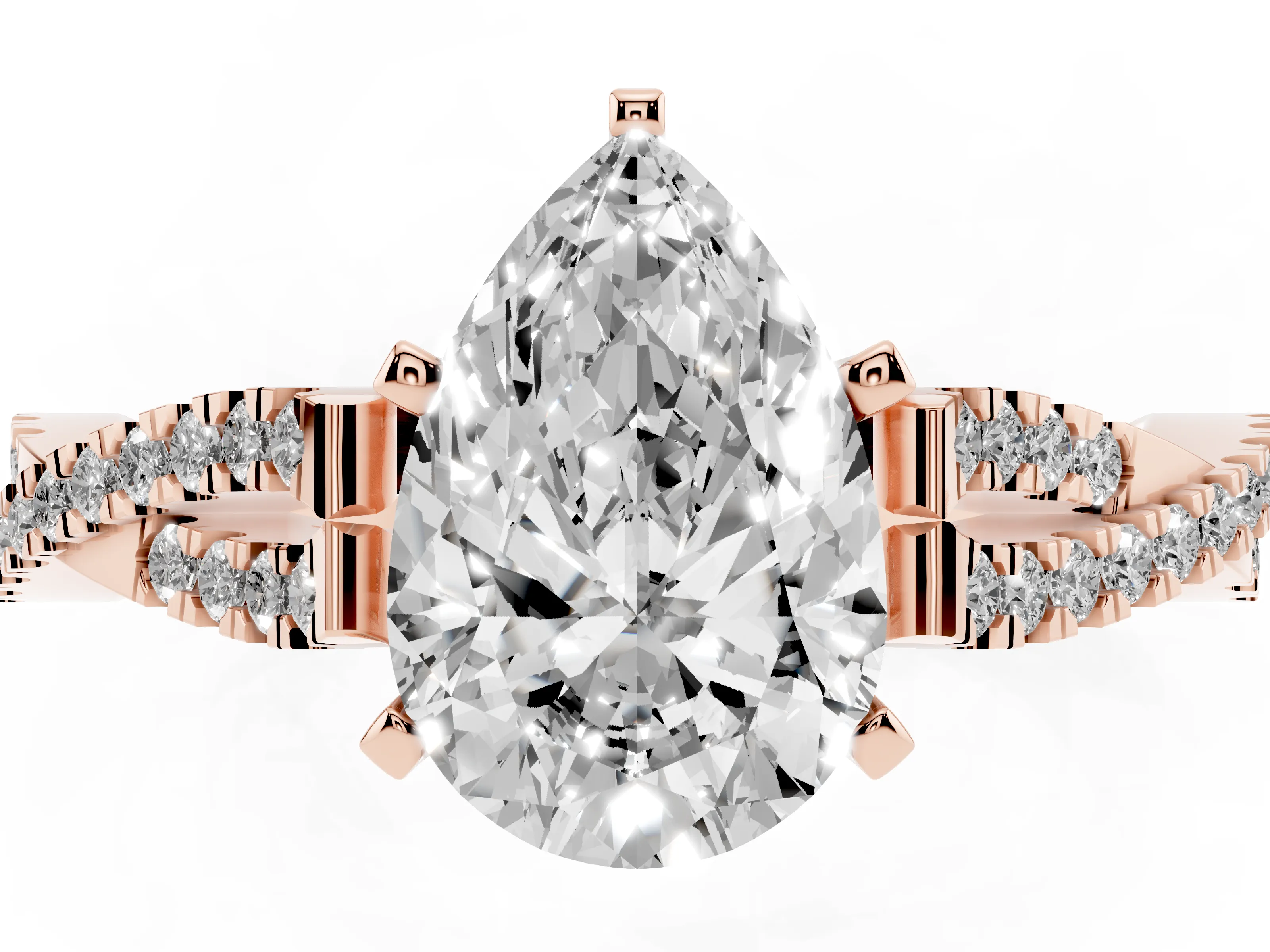 Pear Cut Diamond Solitaire Engagement Ring Set in Rose gold with Twisted Pavé Band and Prong Setting