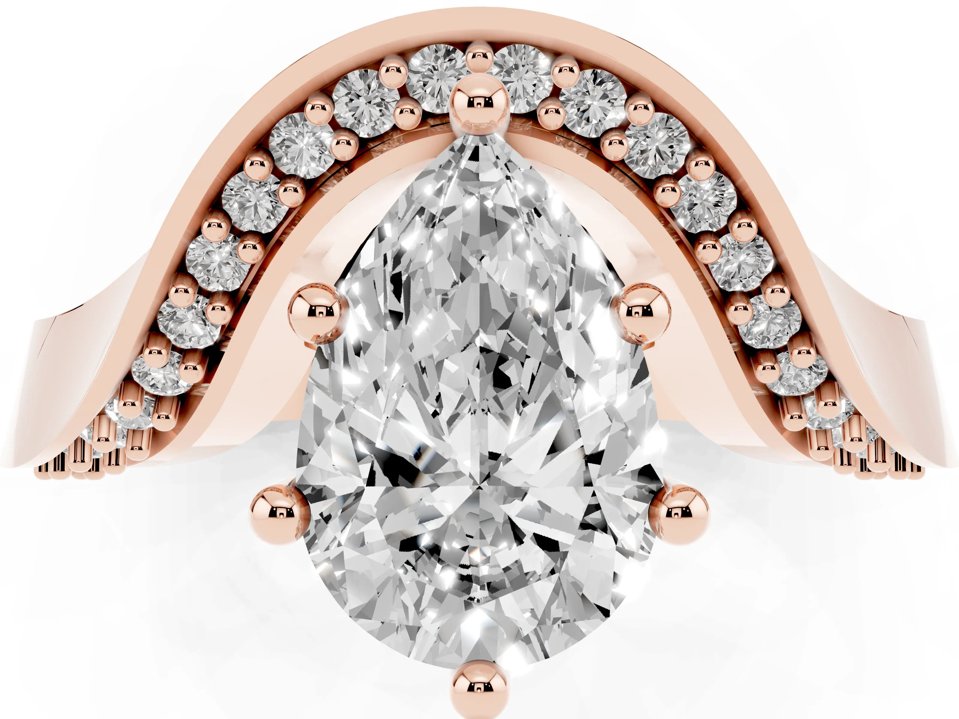 Pear Cut Diamond Solitaire Engagement Ring Set in Rose gold with Pavé Shoulders
