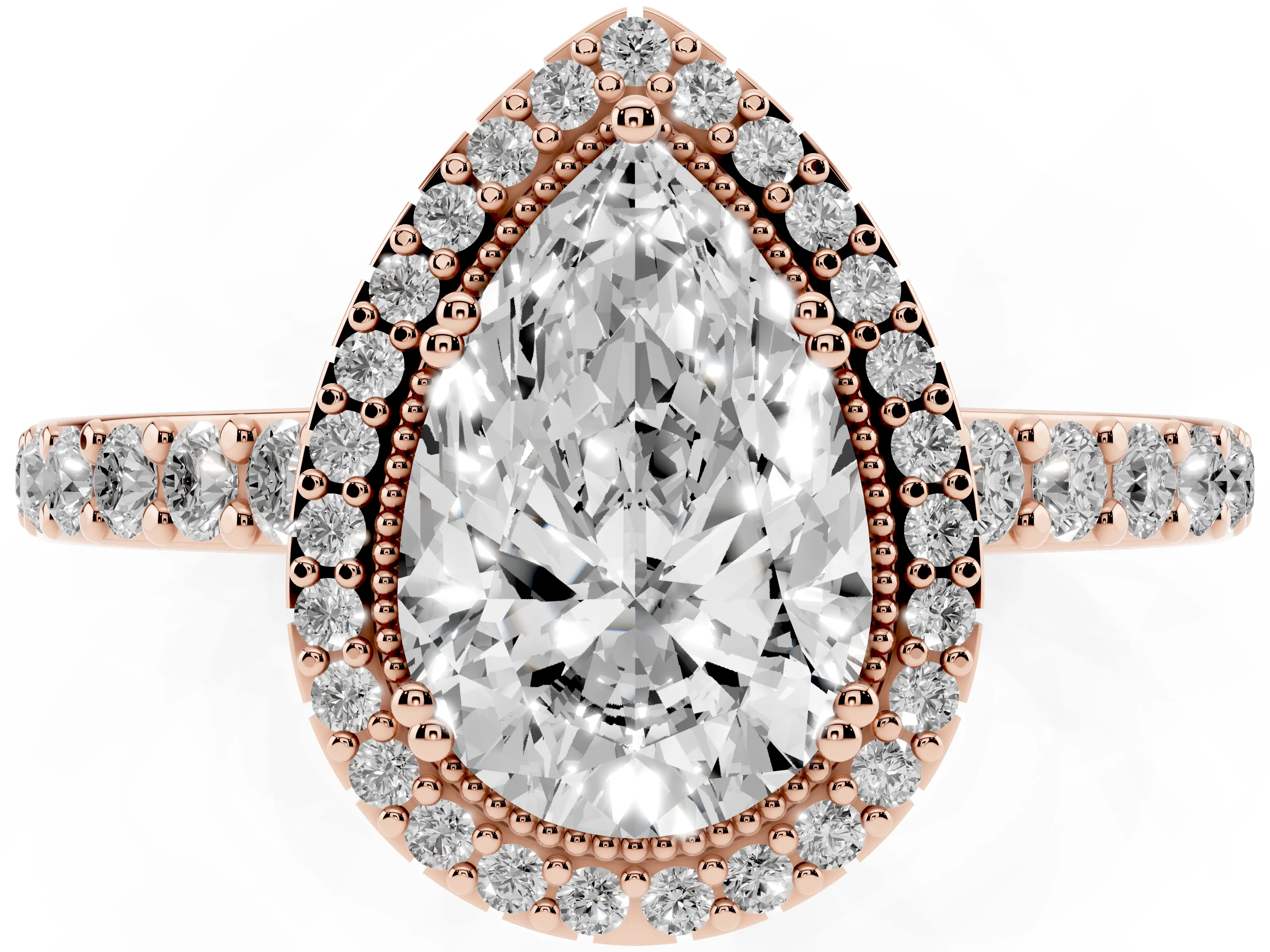 Pear Cut Diamond Halo Engagement Ring Set in Rose gold with Milgrain Detail and Pavé Band
