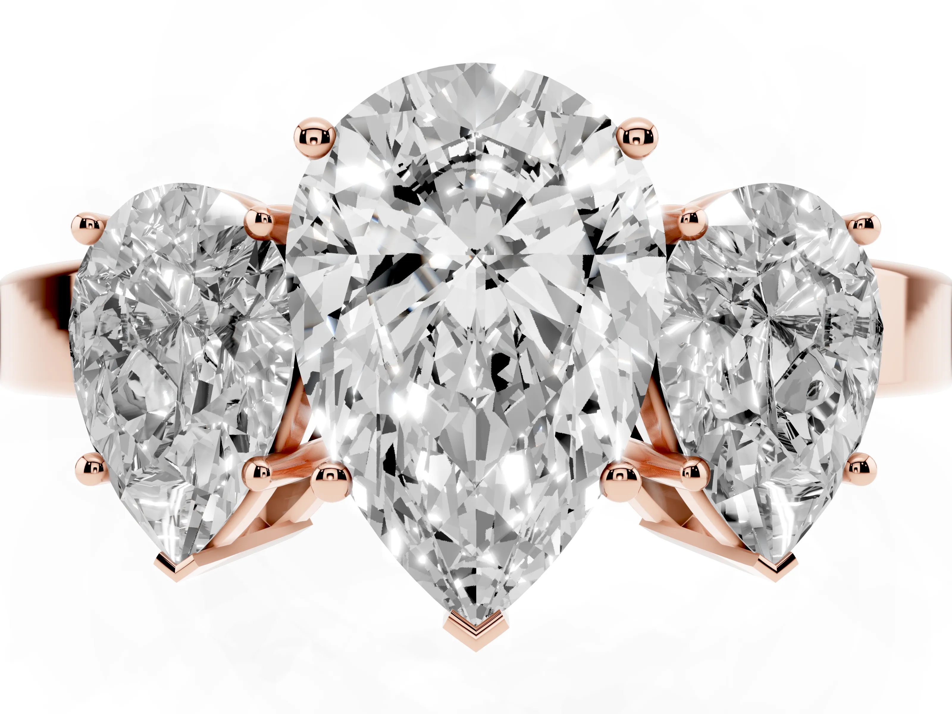 Pear Cut Diamond Three-Stone Engagement Ring Set in Rose gold with Flat Band