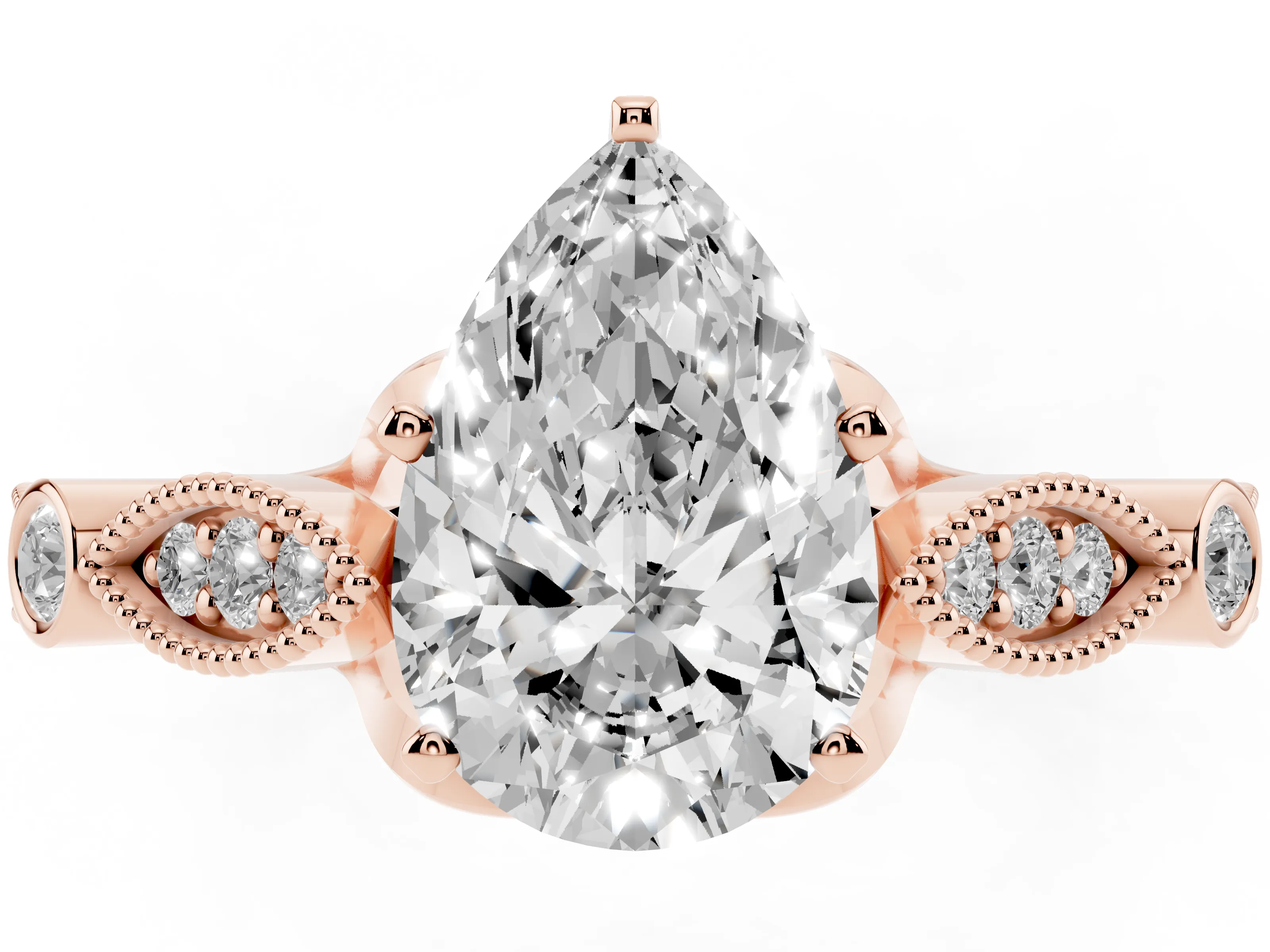 Pear Cut Diamond Solitaire Ring Set in Rose gold with Milgrain Marquise and Bezel Accents