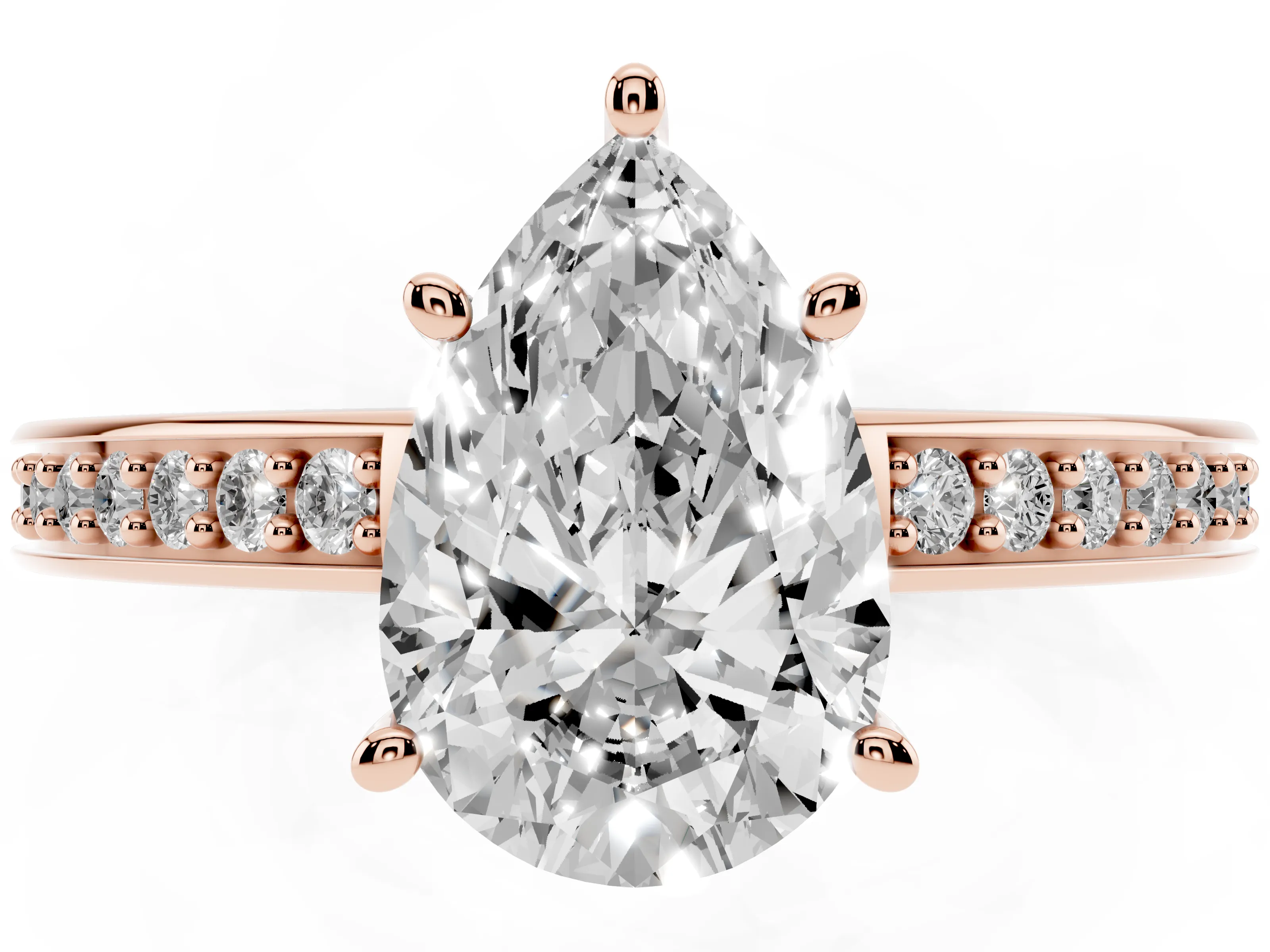 Pear Cut Diamond Pavé Band Prong Set Solitaire Ring Set in Rose gold