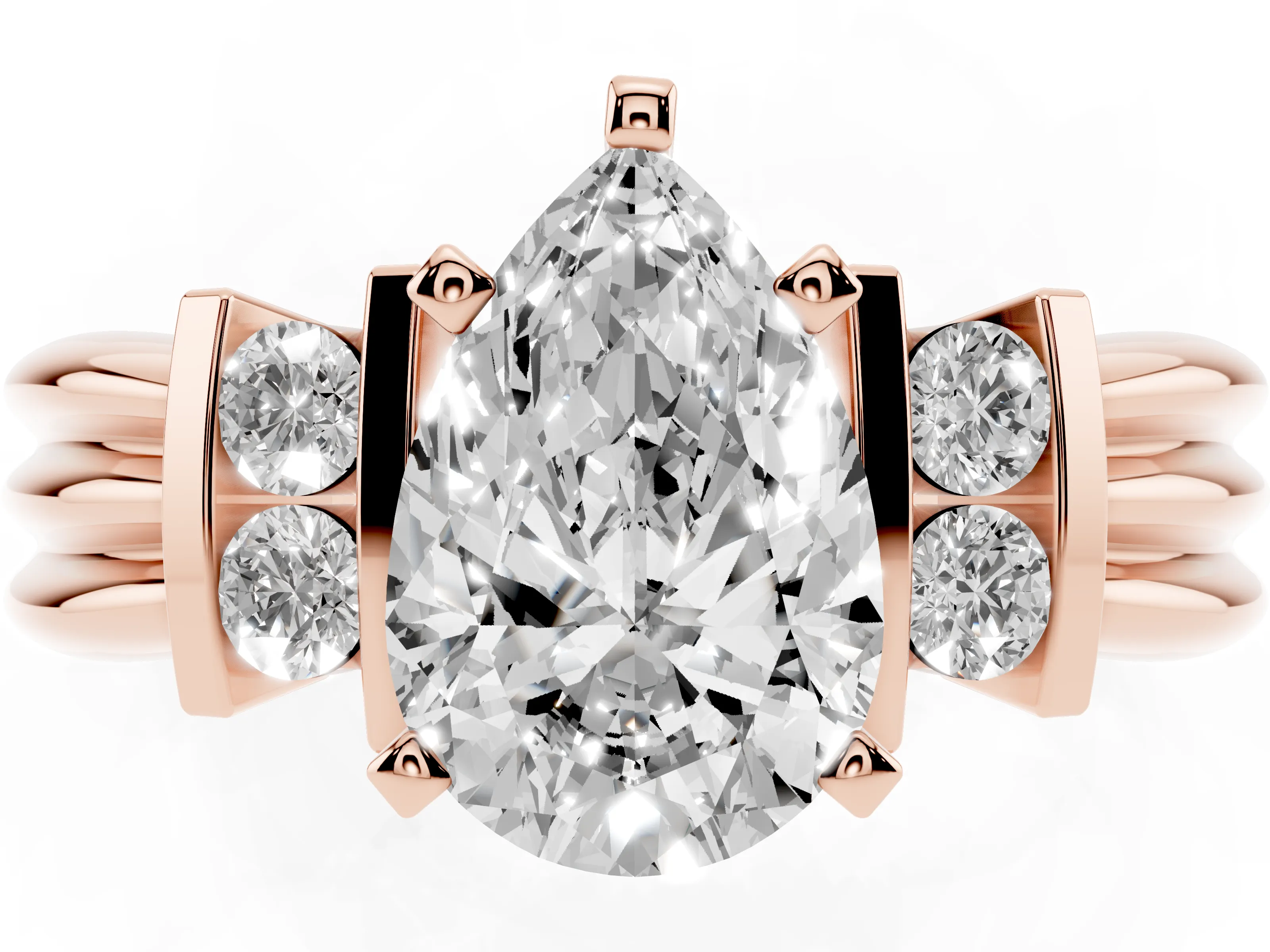 Three-Stone Pear Cut Diamond Channel Set Ring Set in Rose gold with Bar Prongs