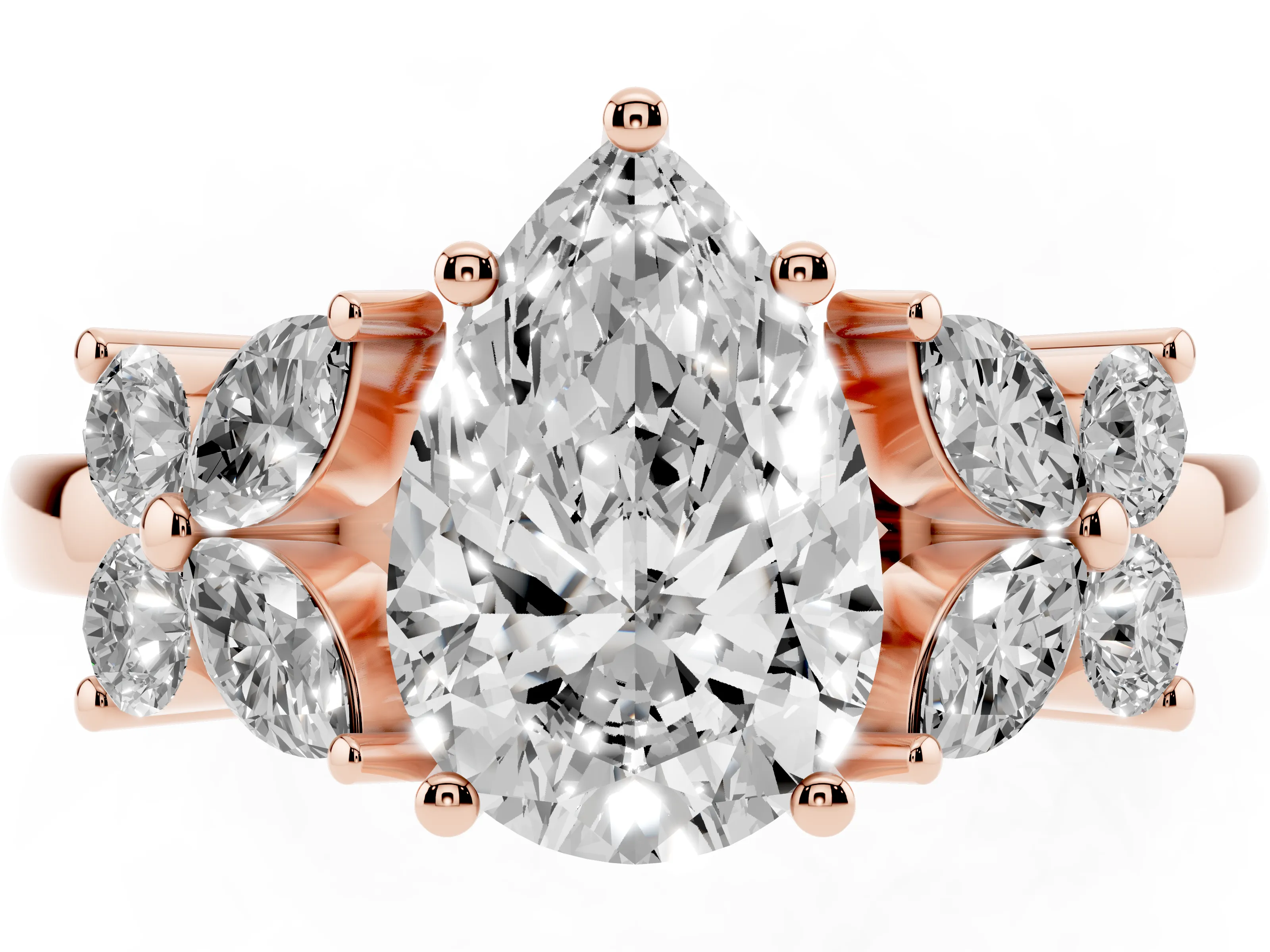 Pear Cut Diamond Floral Cluster Ring Set in Rose gold with Marquise Petals and Prong Setting