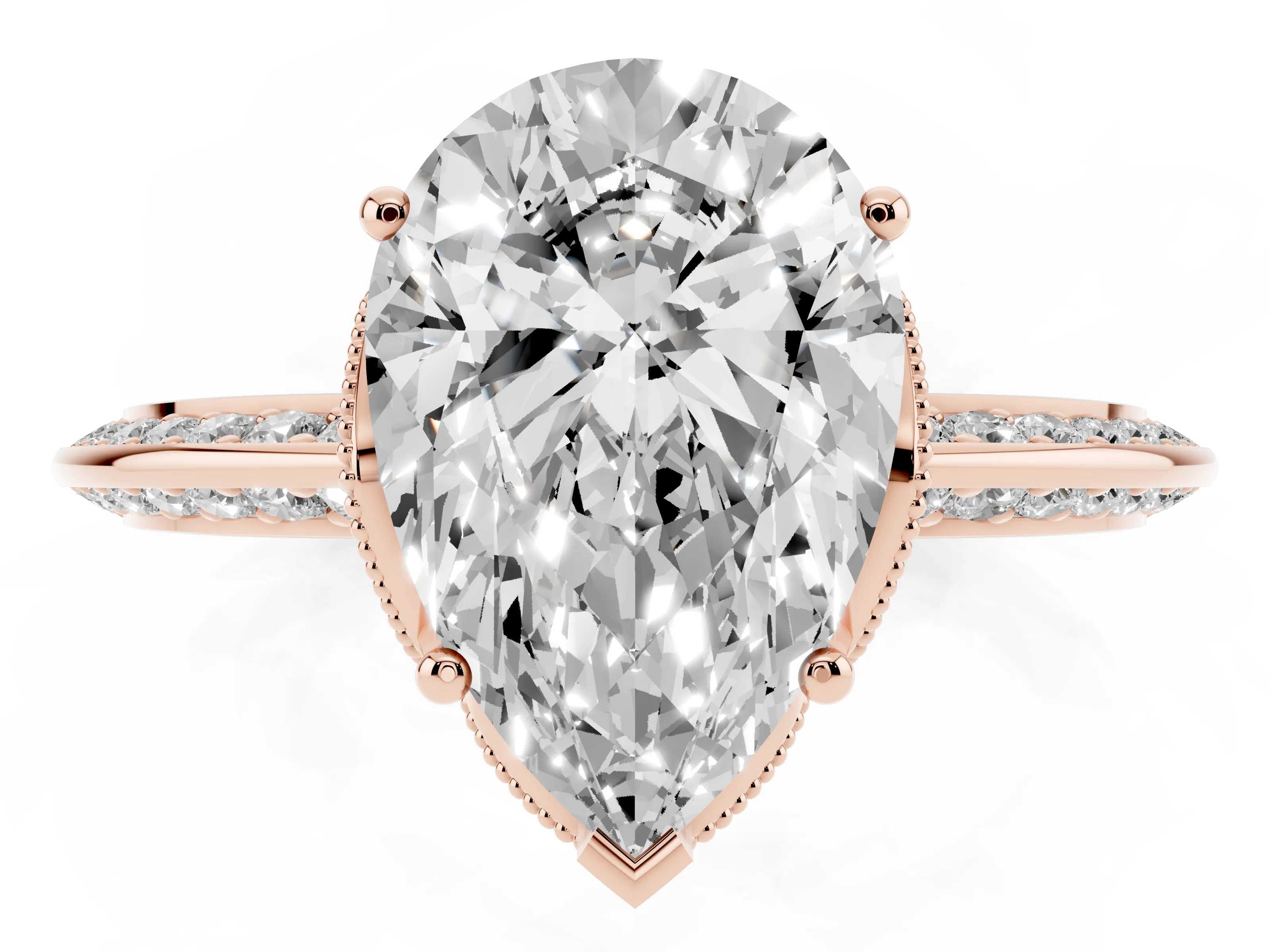 Pear Cut Diamond Solitaire Engagement Ring Set in Rose gold with Pavé Split Shank and Prong Setting