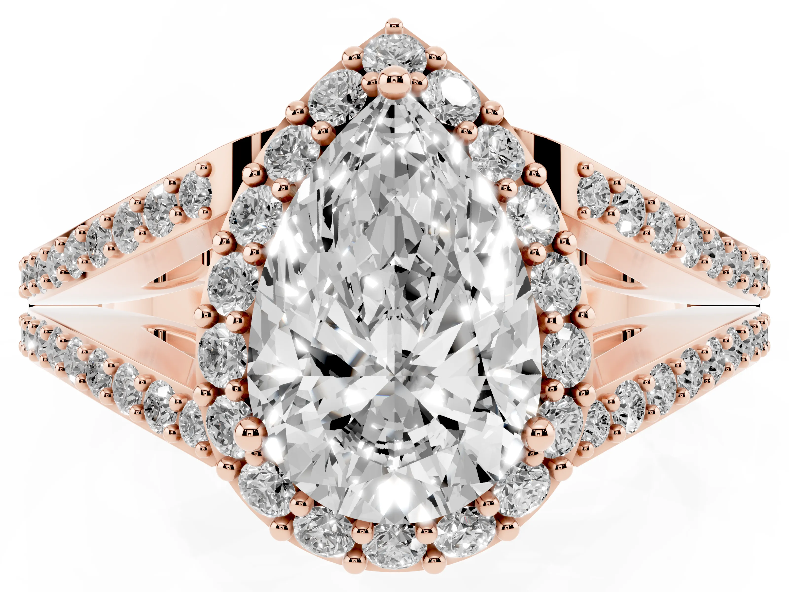 Pear Cut Diamond Halo Split Shank Pavé Ring Set in Rose gold with Prong Setting