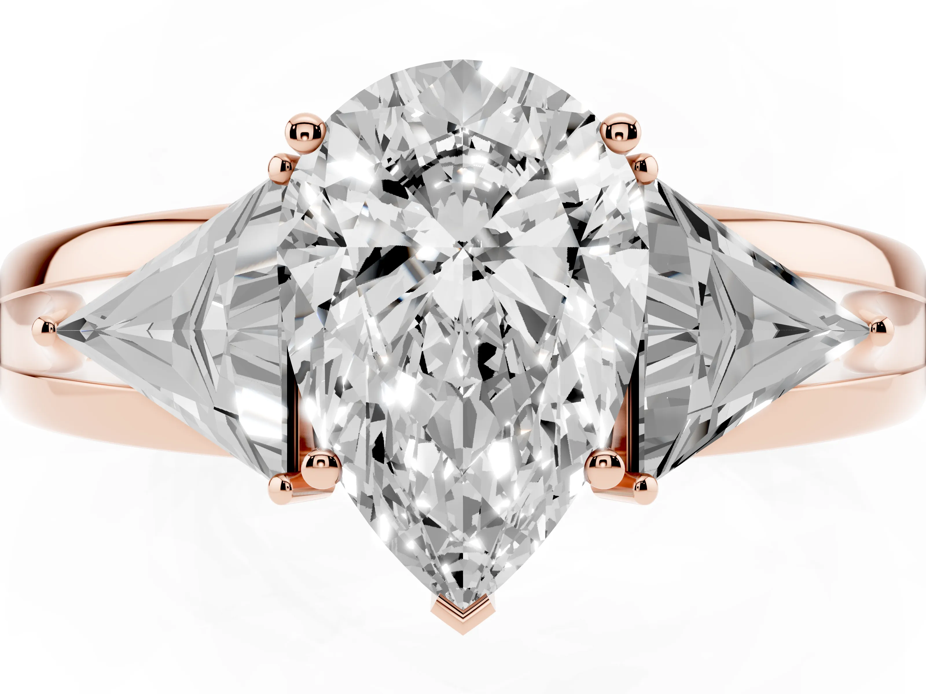 Pear Cut Diamond Three-Stone Ring Set in Rose gold with Trillion Side Stones and Split Shank