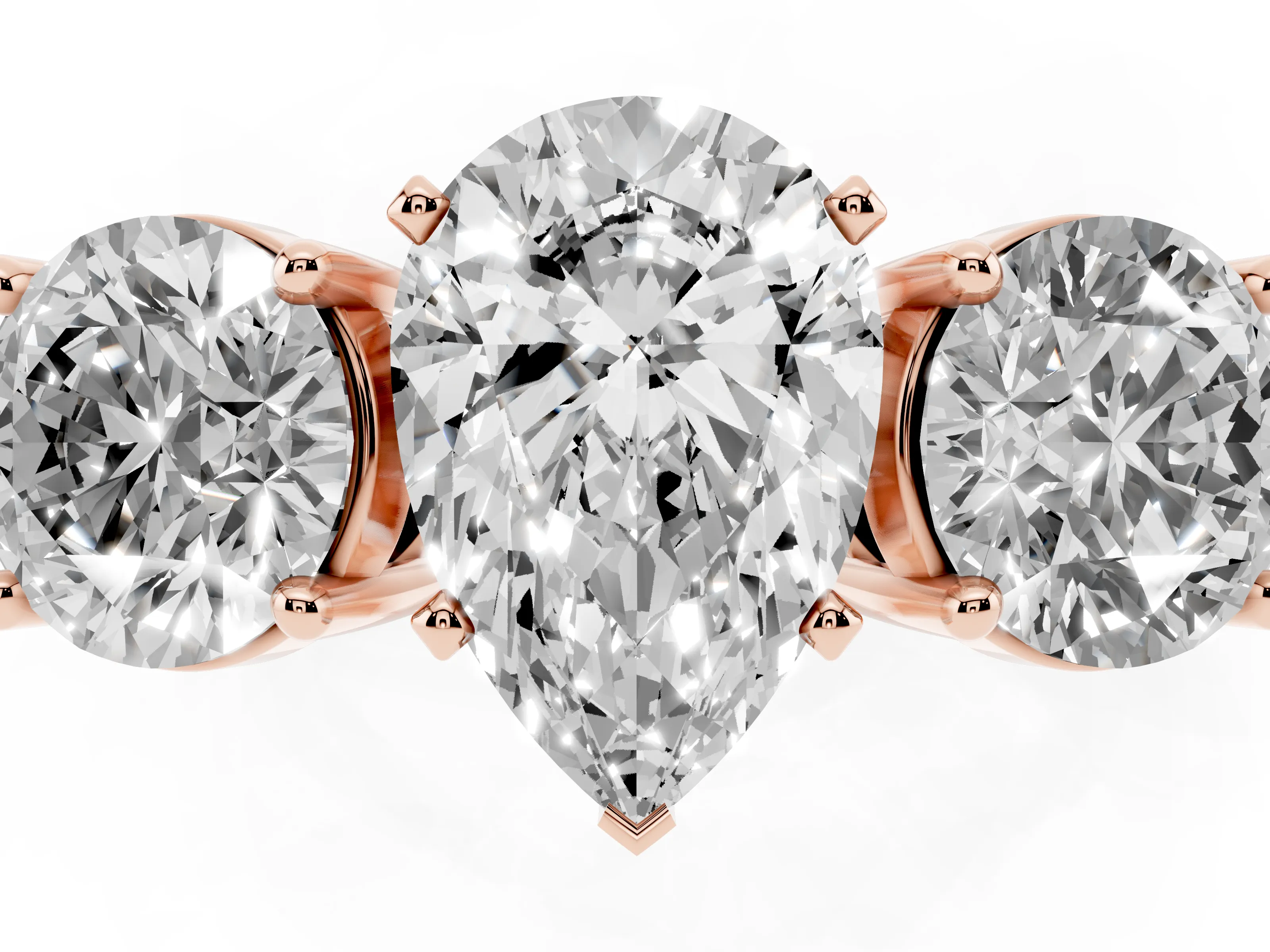 Pear Cut Diamond Three-Stone Ring Set in Rose gold with Round Side Stones and Classic Band