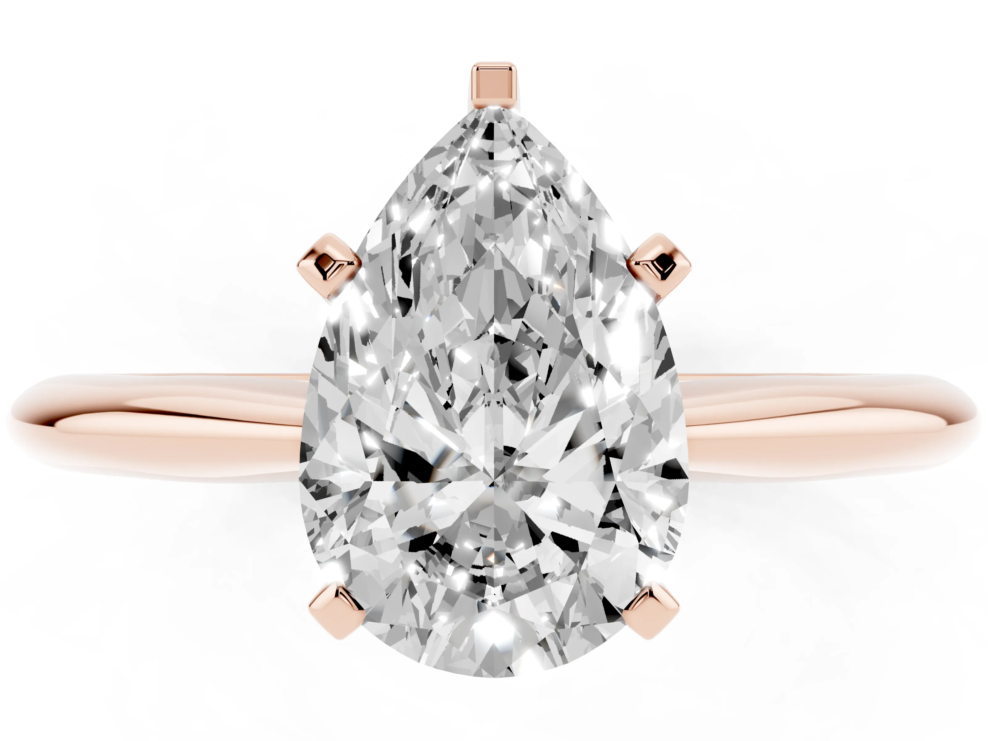 Pear Cut Diamond Solitaire Ring Set in Rose gold with Prong Setting on a Plain Round Band
