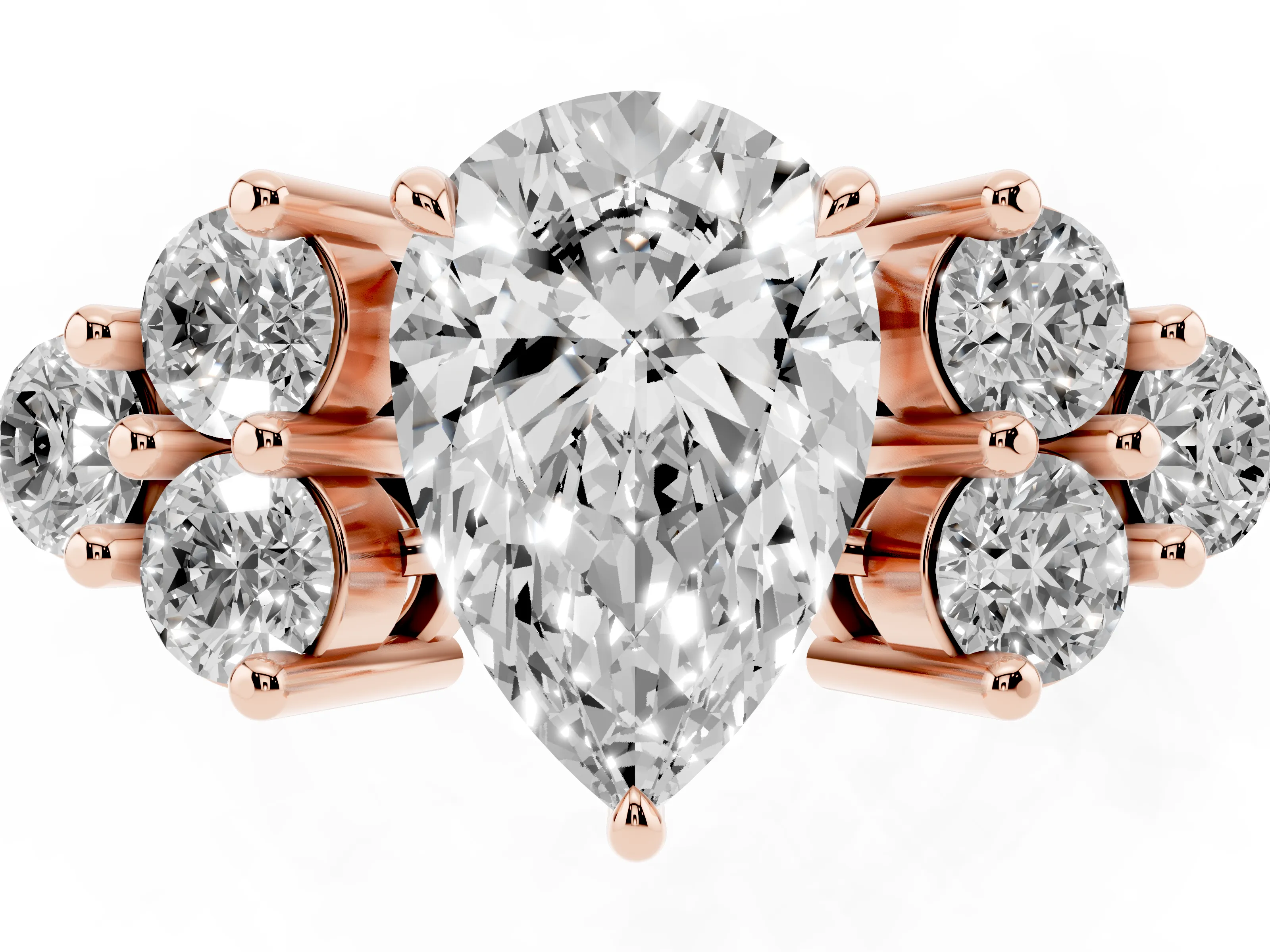 Pear Cut Diamond Solitaire Ring Set in Rose gold with Cluster Accents on Each Side