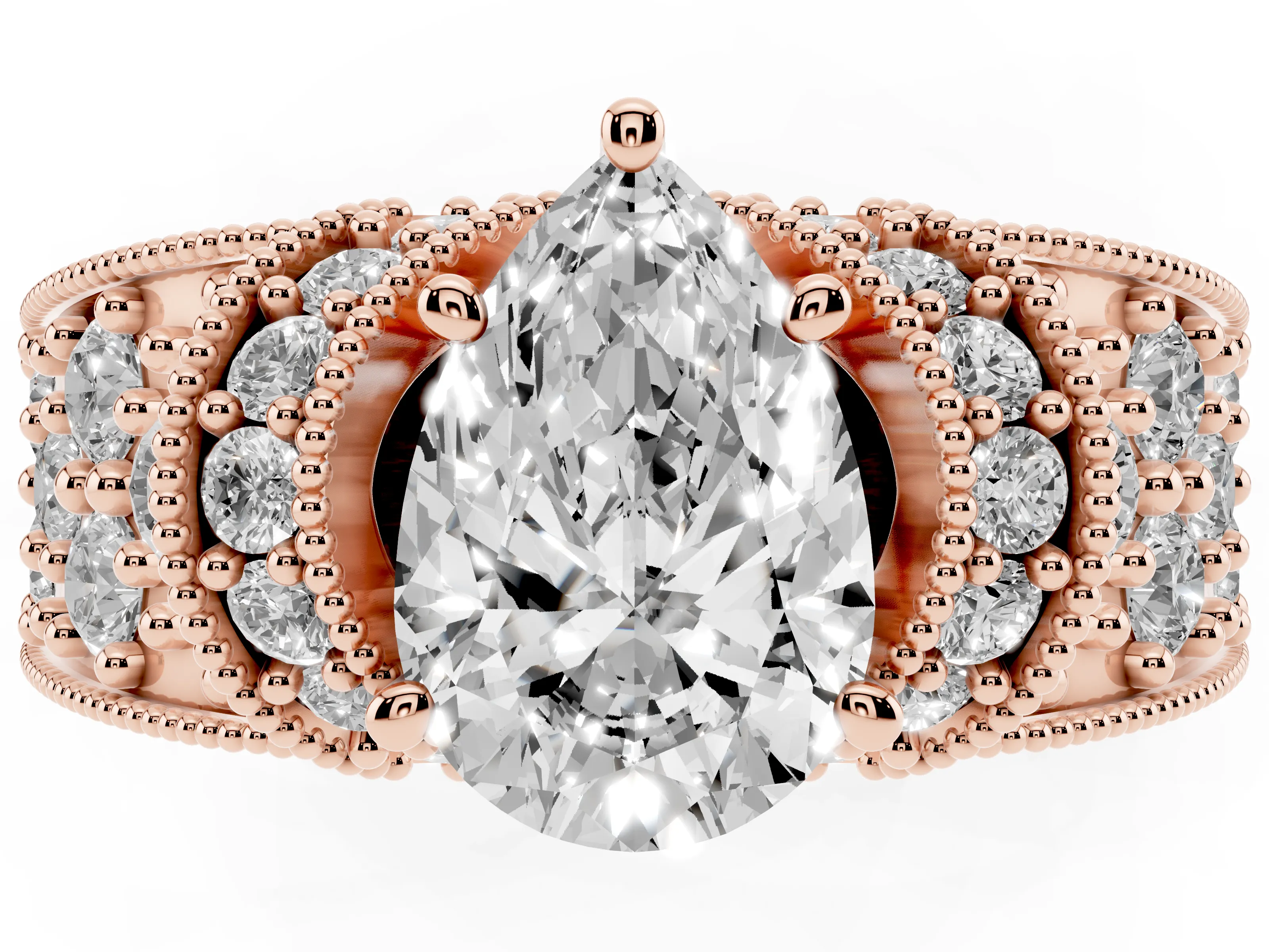 Pear Cut Diamond Milgrain Halo Pavé Engagement Ring Set in Rose gold with Prong Setting