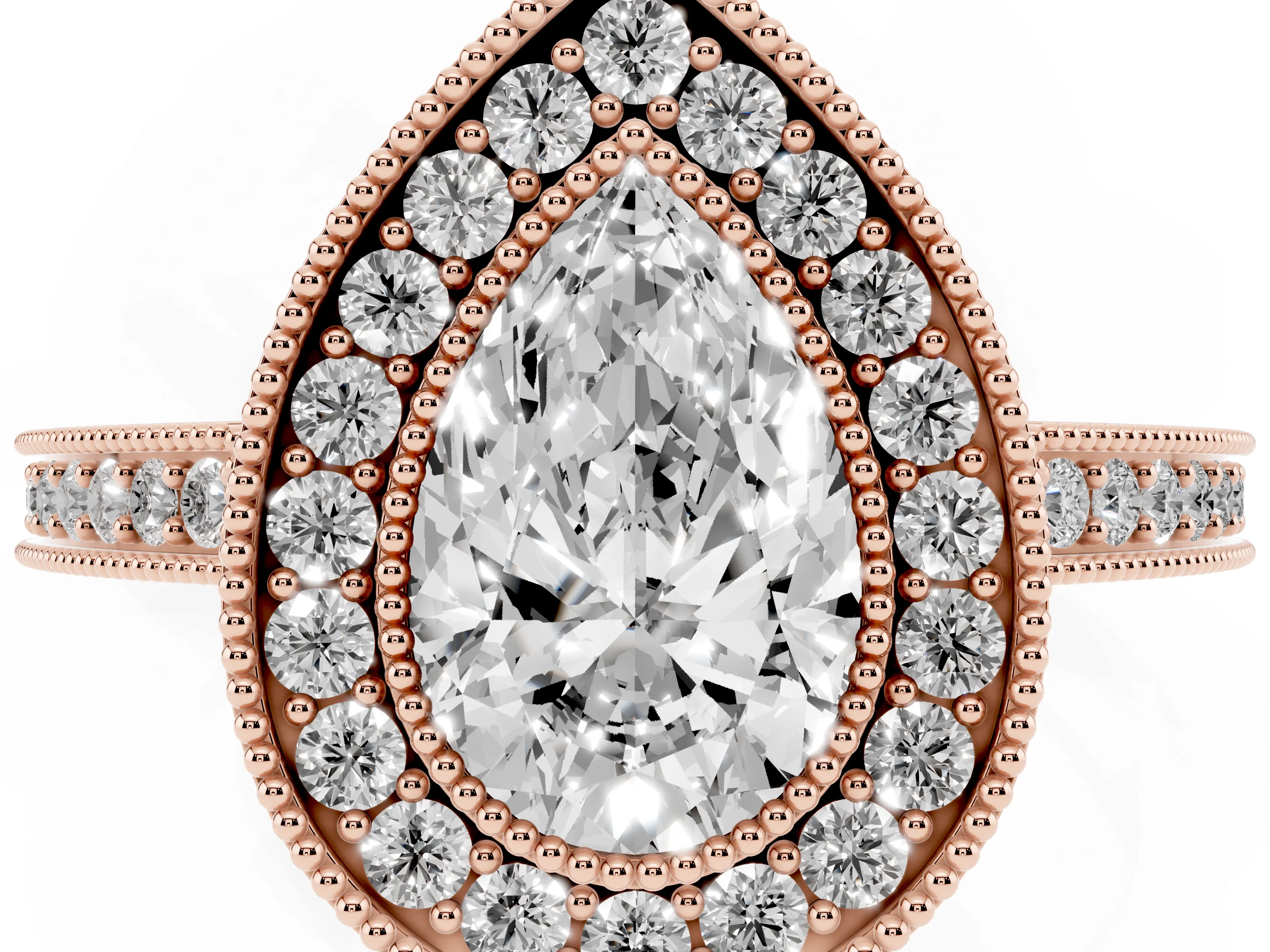 Pear Cut Diamond Round Halo Ring Set in Rose gold with Pavé Band
