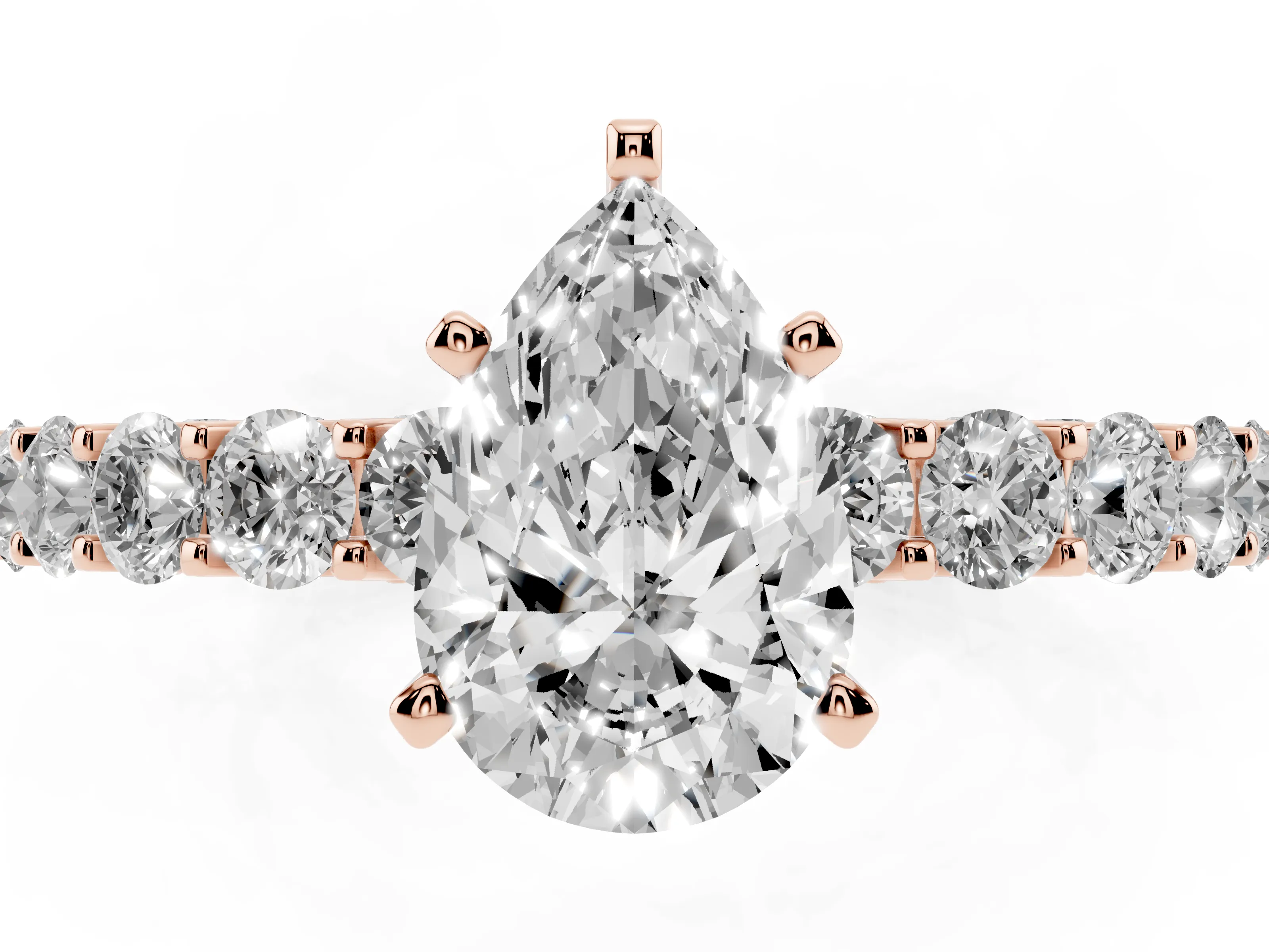 Pear Cut Diamond Solitaire Ring Set in Rose gold with Shared Prong Pavé Band