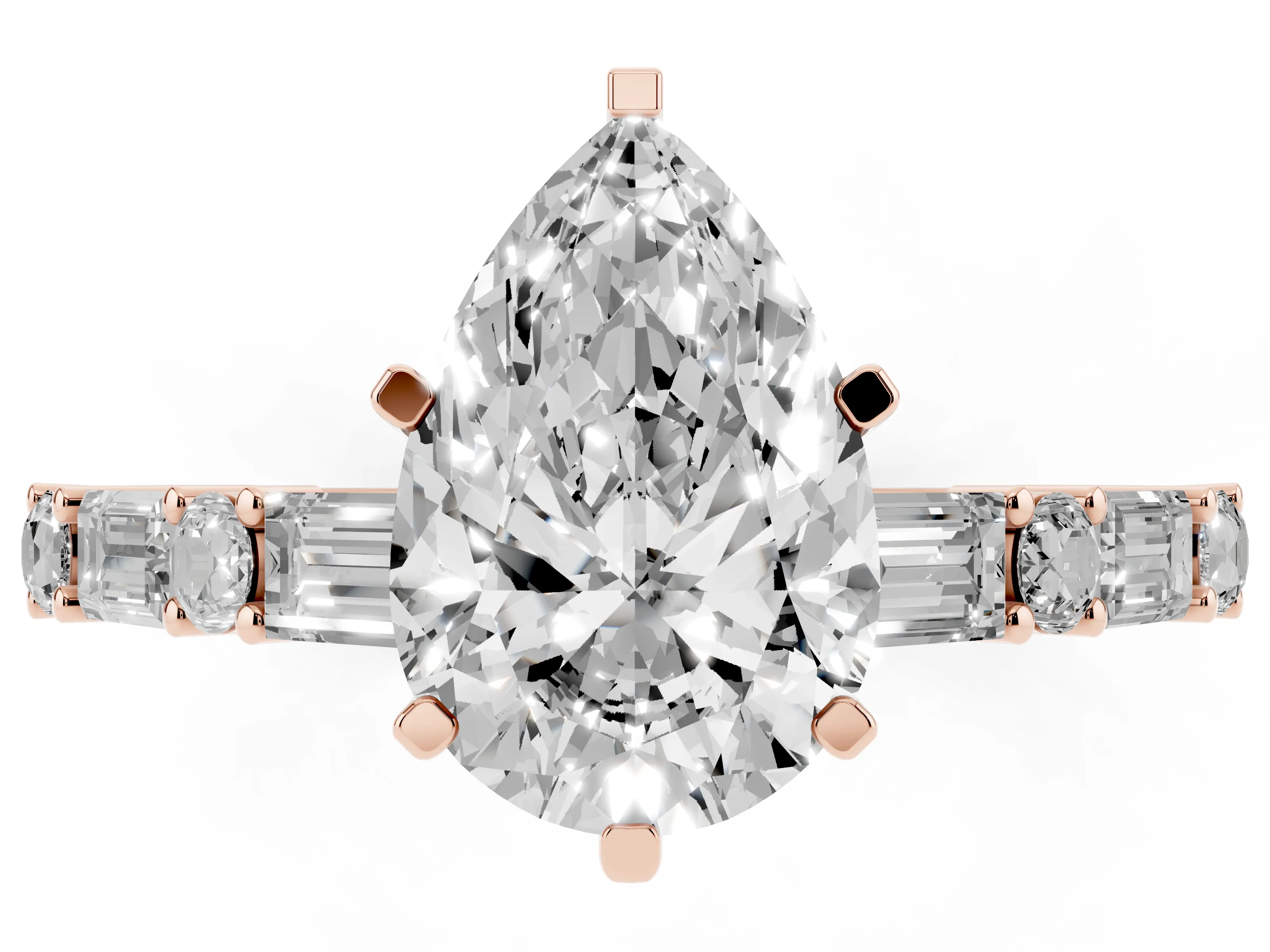 Pear Cut Diamond Solitaire Set in Rose gold with Side Baguettes and Channel Set Band