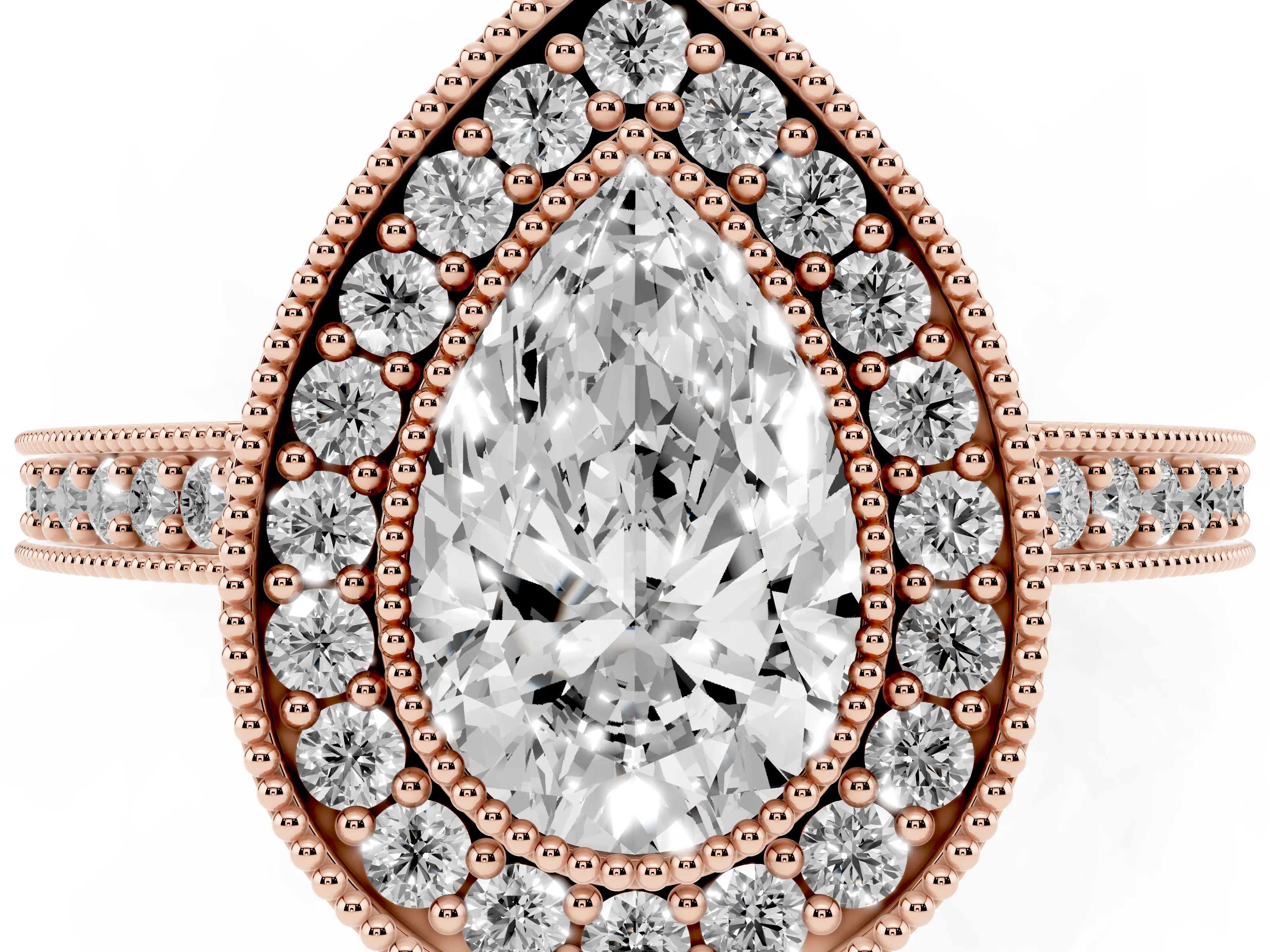 Pear Cut Diamond Halo Engagement Ring Set in Rose gold with Pavé Band and Round Halo Stones