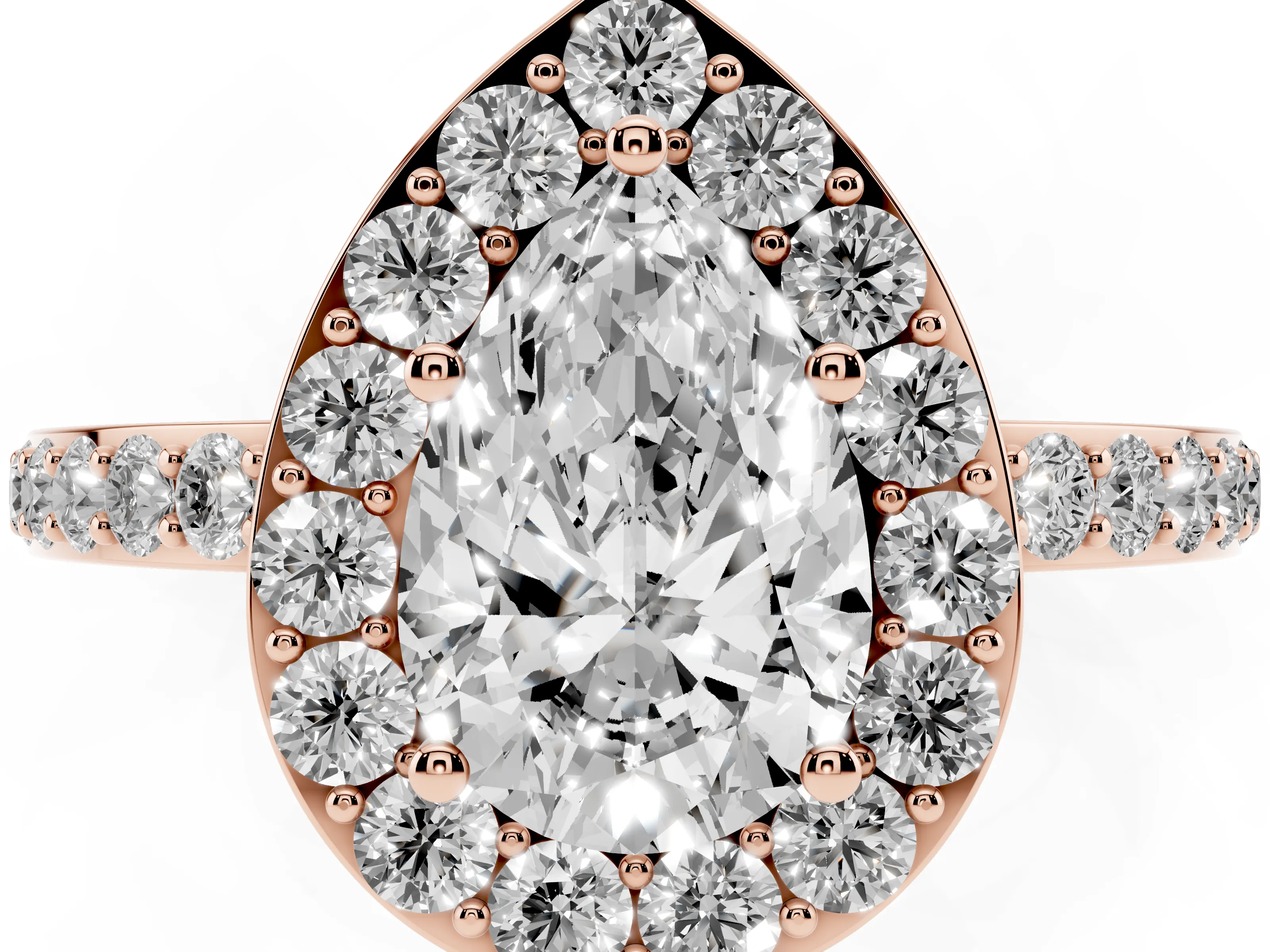 Pear Cut Diamond Halo Ring Set in Rose gold with Pavé-Setting Band and Open Prong Center