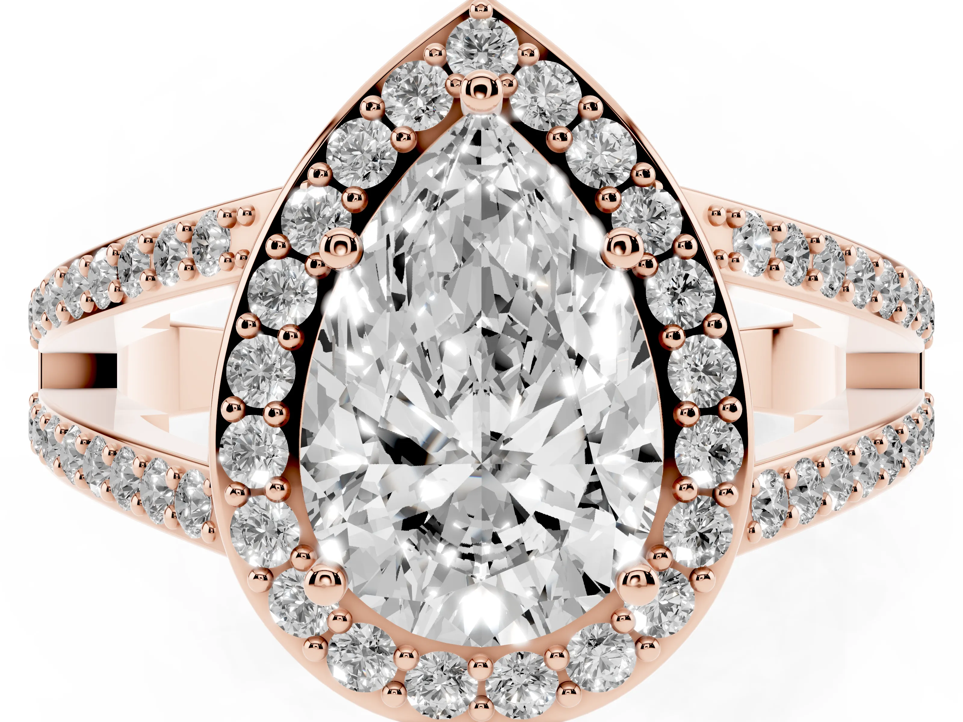 Pear Cut Diamond Halo Ring Set in Rose gold with U-Prong Split Shank and Prong Setting