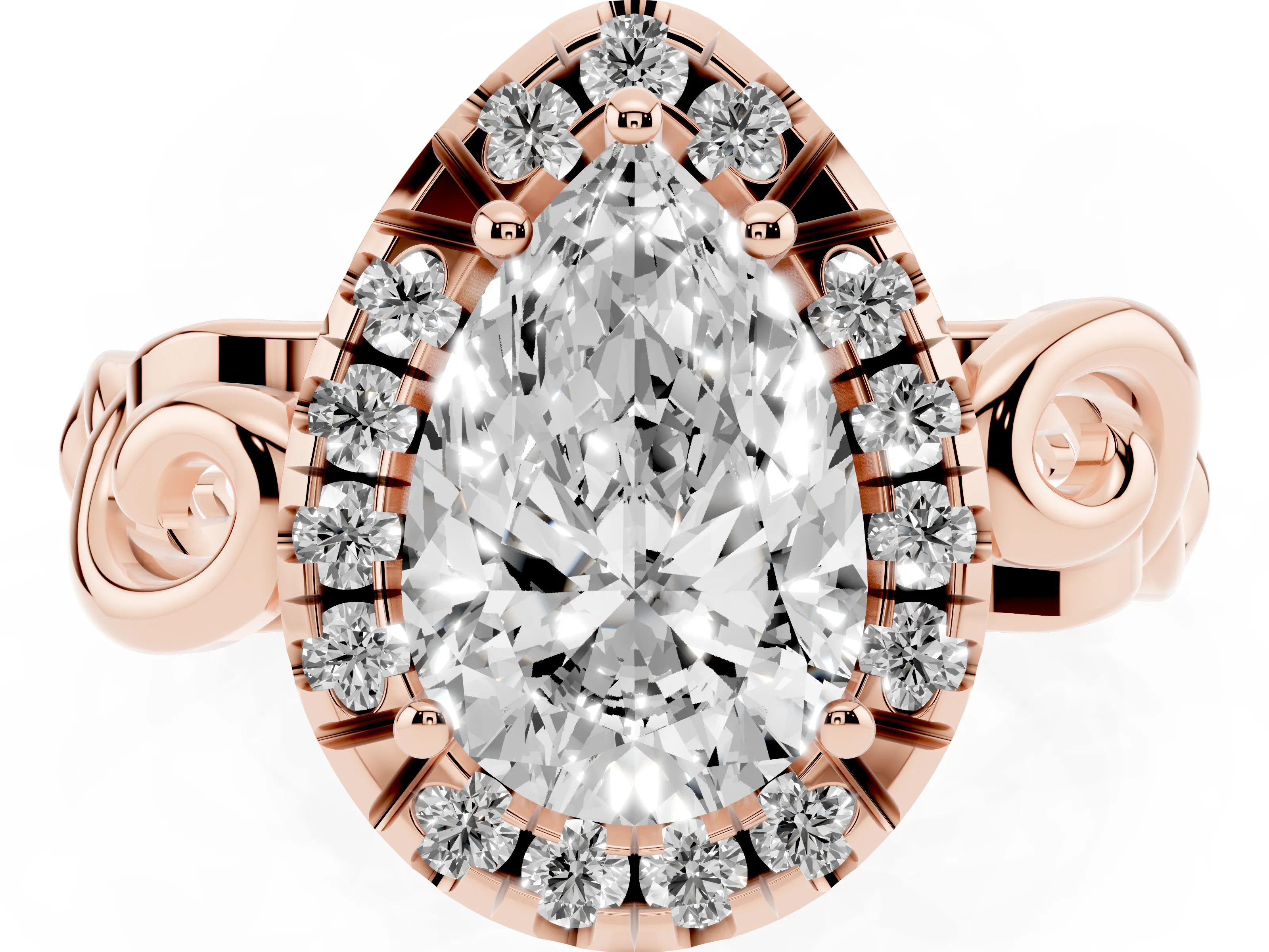 Pear Cut Diamond Halo Ring Set in Rose gold with Scrollwork Band and Prong Setting