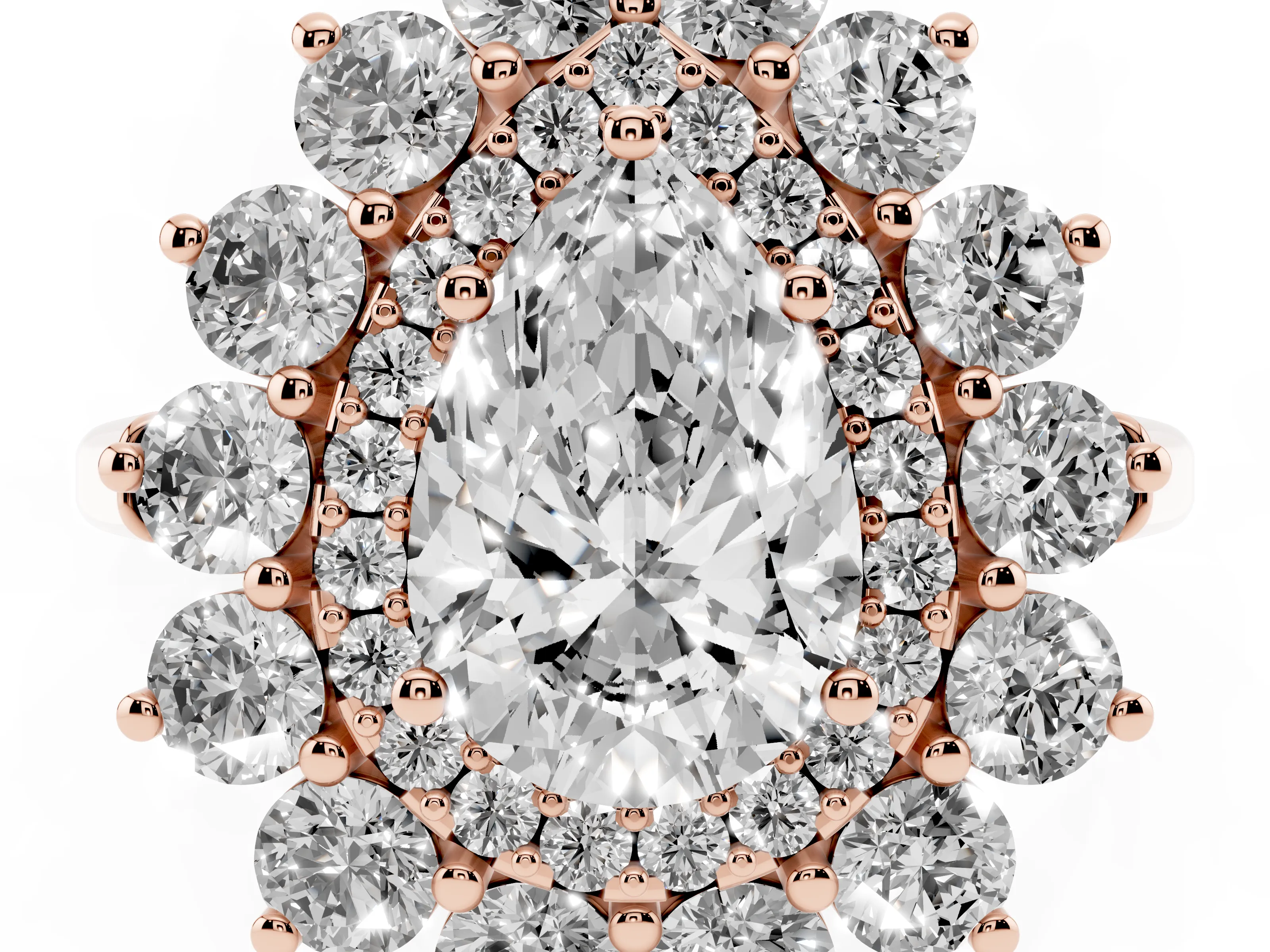 Pear Cut Diamond Floral Double Halo Ring Set in Rose gold with Round Petals