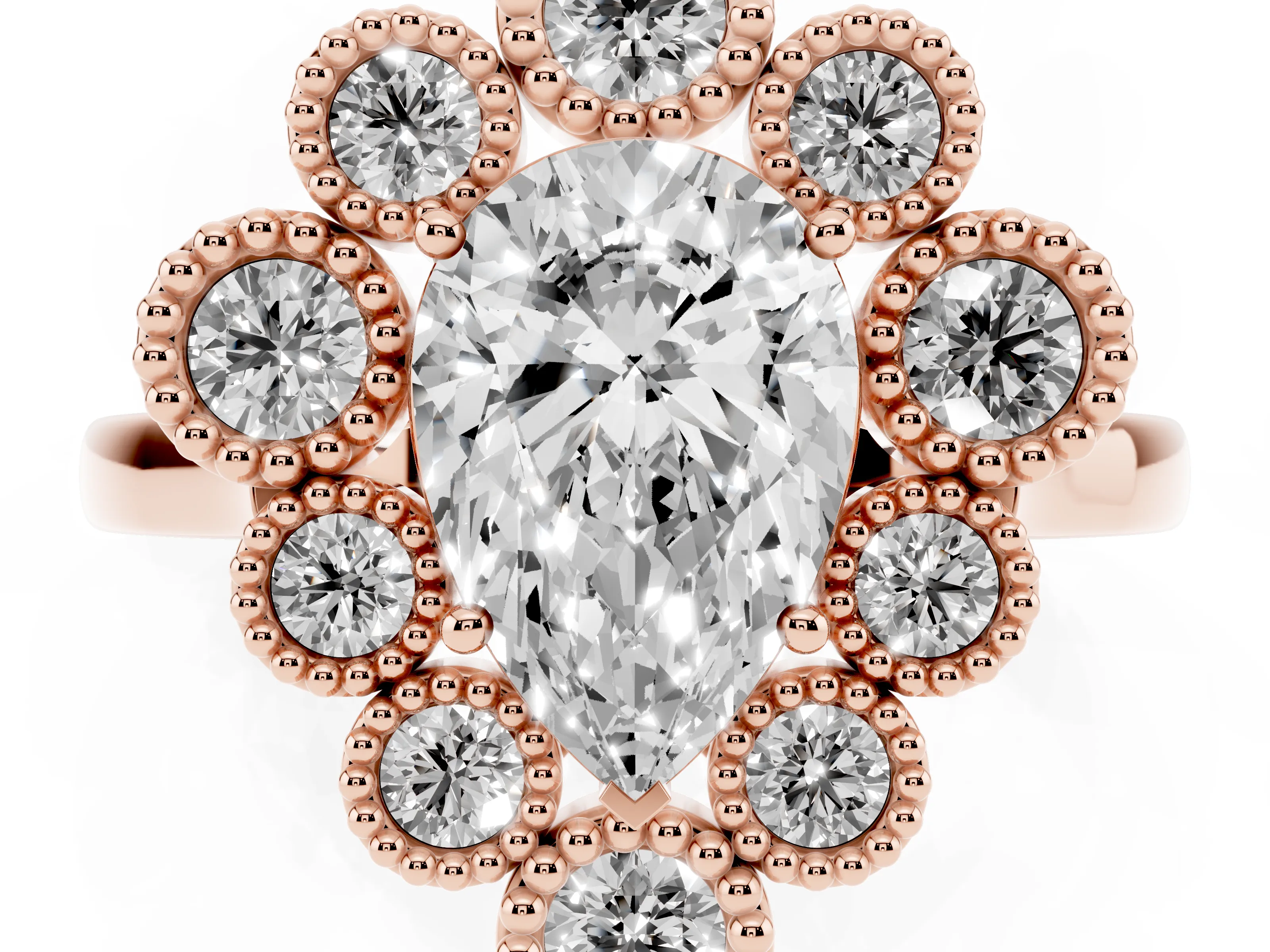 Pear Cut Diamond Cluster Halo Ring Set in Rose gold with Milgrain Bezel Accents and Plain Band